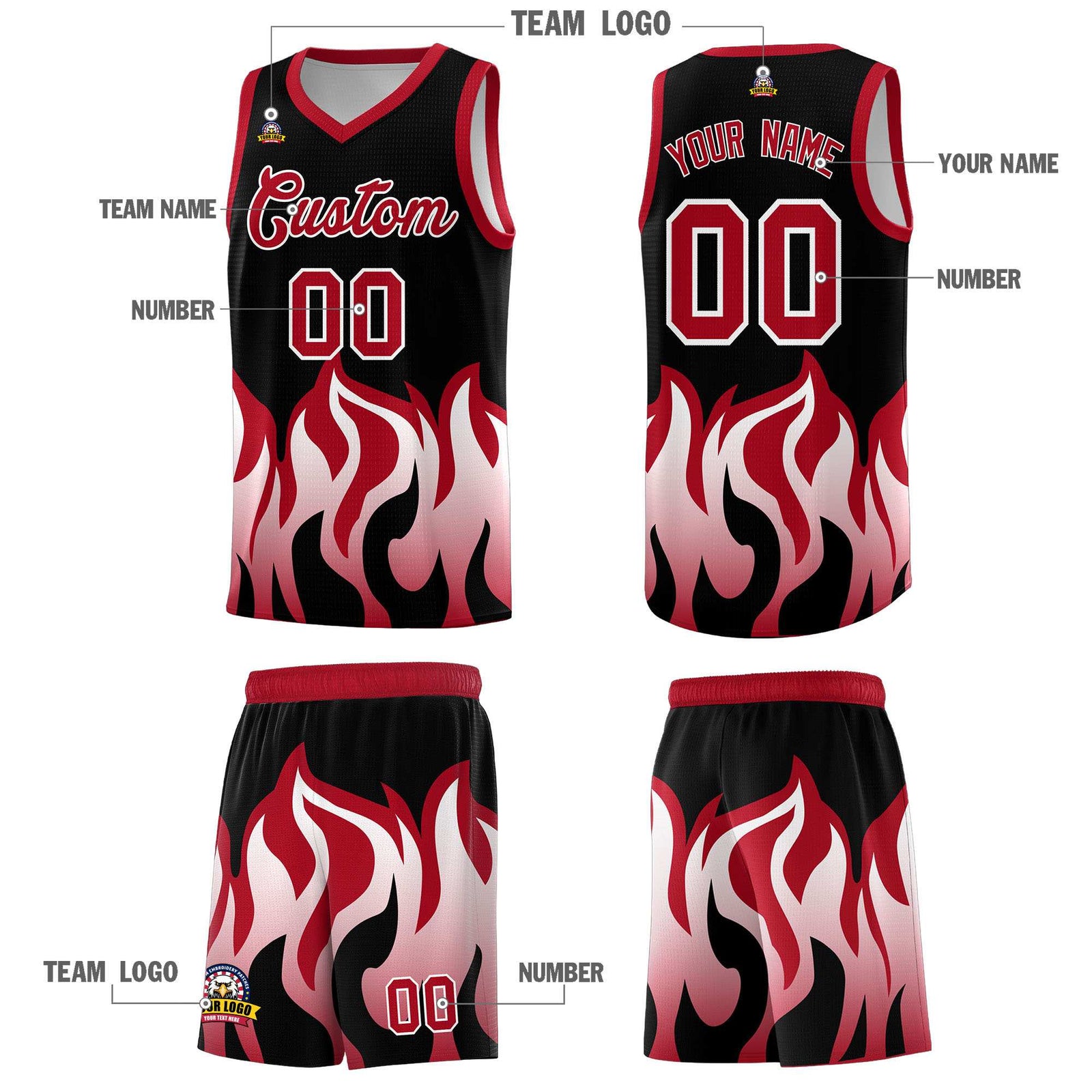 Custom Black Red Hem Flame Pattern Fashion Sports Uniform Basketball jersey