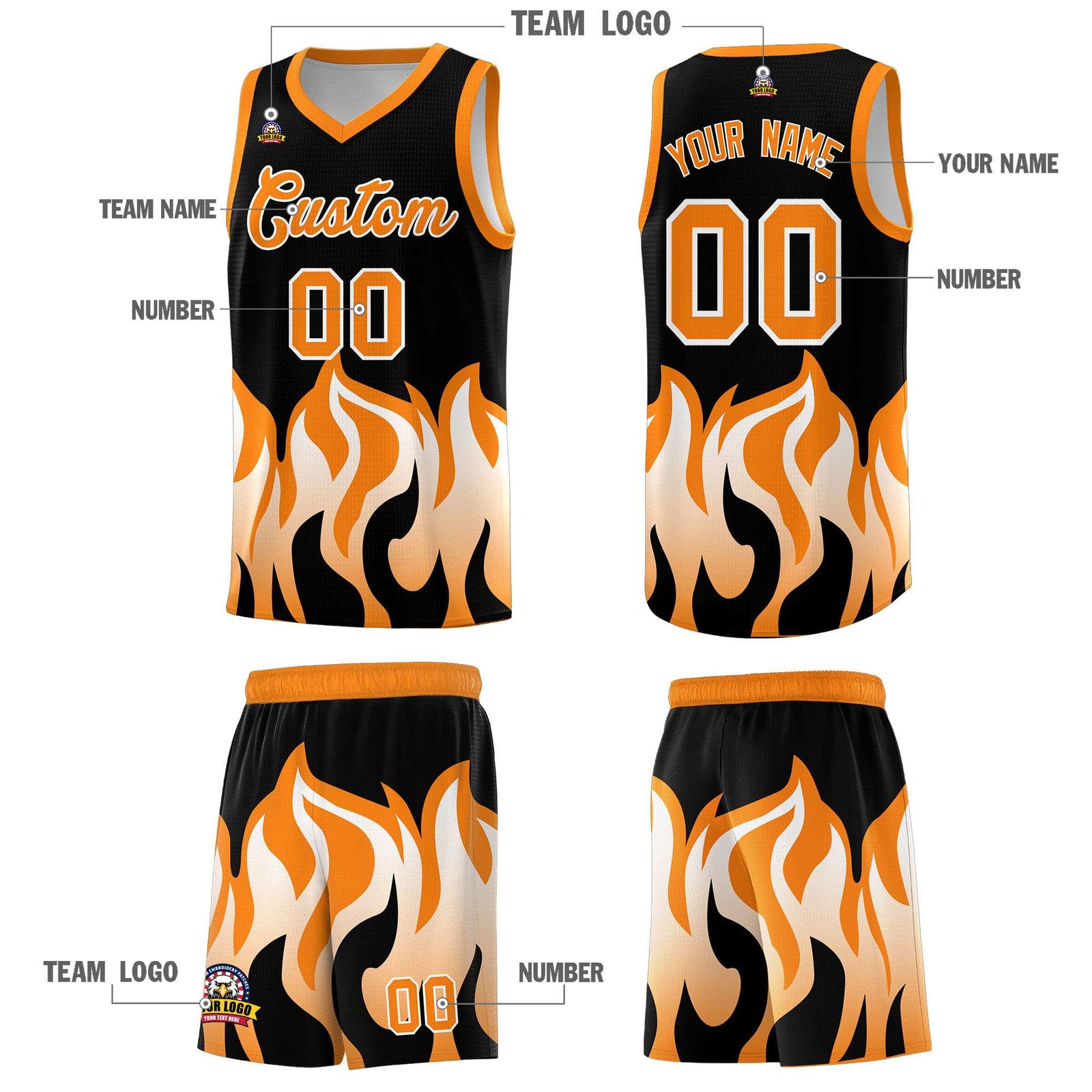 Custom Black Orange Hem Flame Pattern Fashion Sports Uniform Basketball jersey