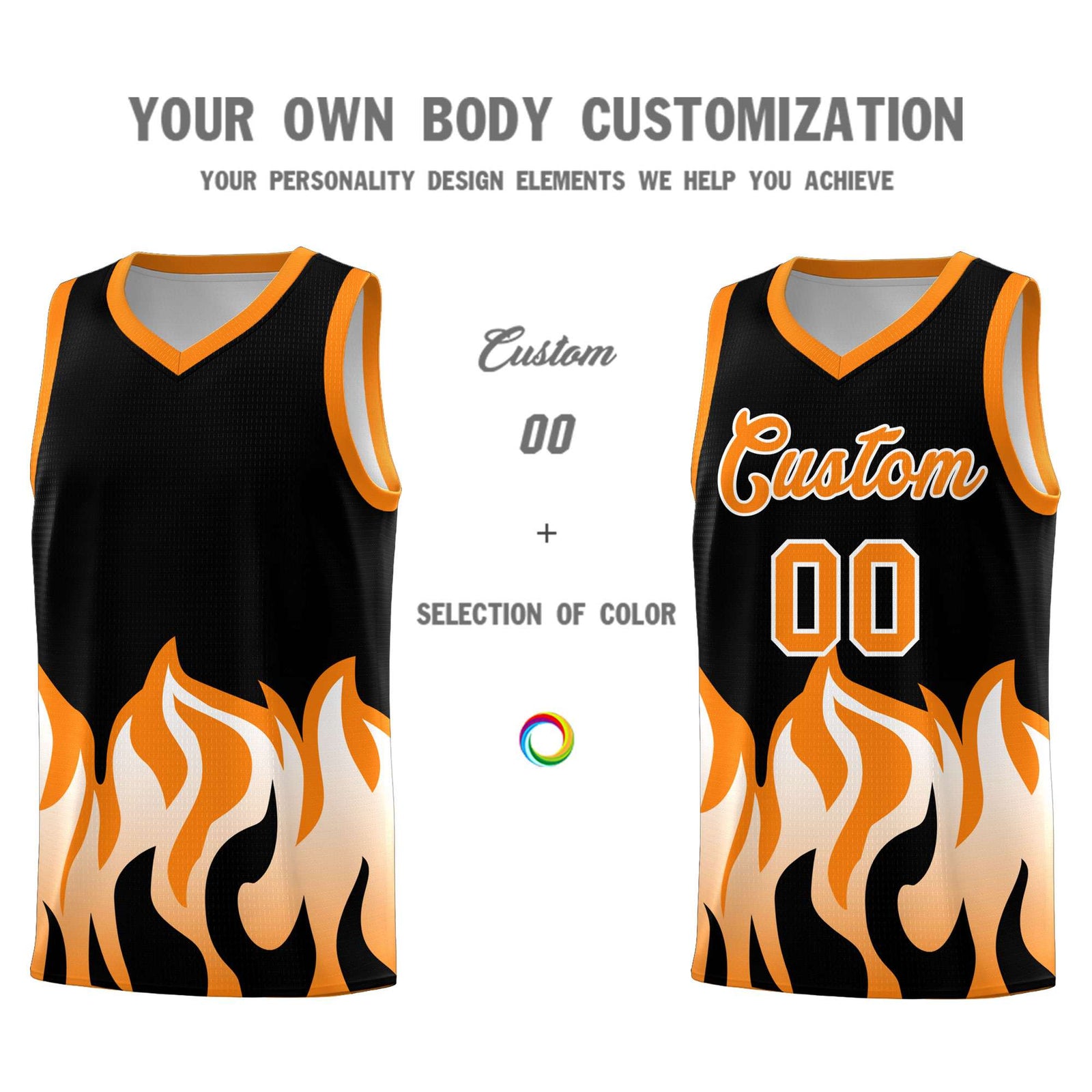 Custom Black Orange Hem Flame Pattern Fashion Sports Uniform Basketball jersey