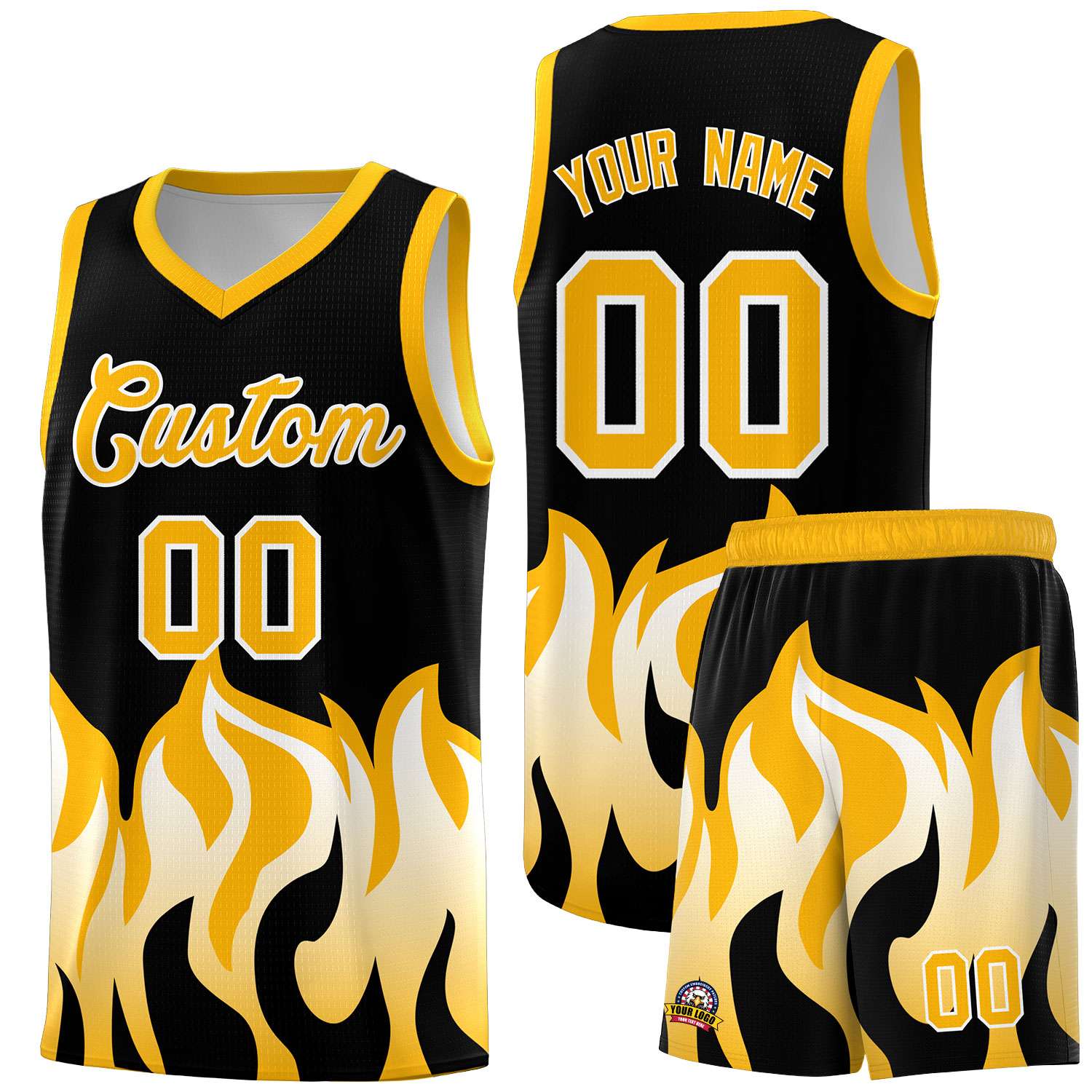 Custom Black Yellow Hem Flame Pattern Fashion Sports Uniform Basketball jersey