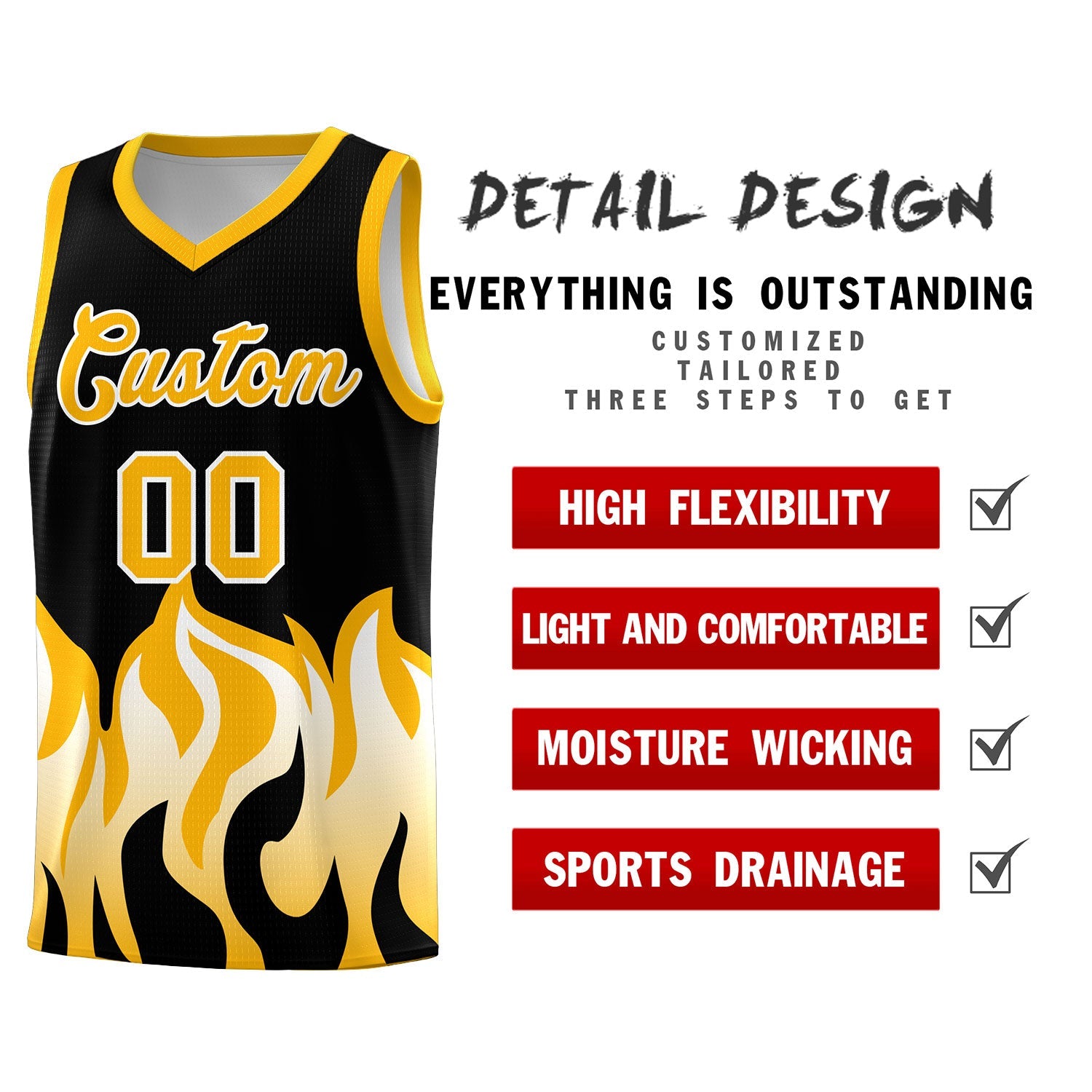 Custom Black Yellow Hem Flame Pattern Fashion Sports Uniform Basketball jersey
