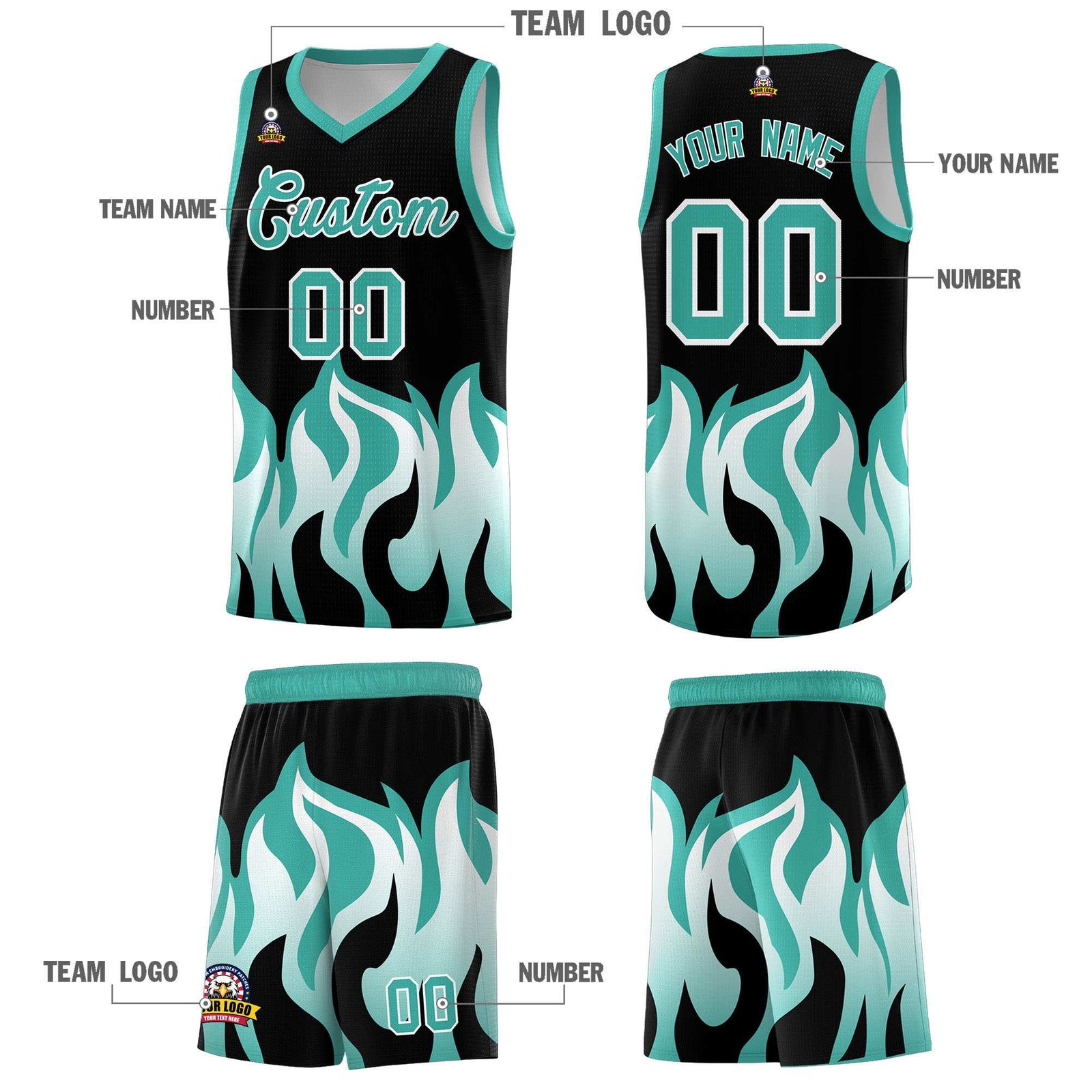 Custom Black Bright Green Hem Flame Pattern Fashion Sports Uniform Basketball jersey