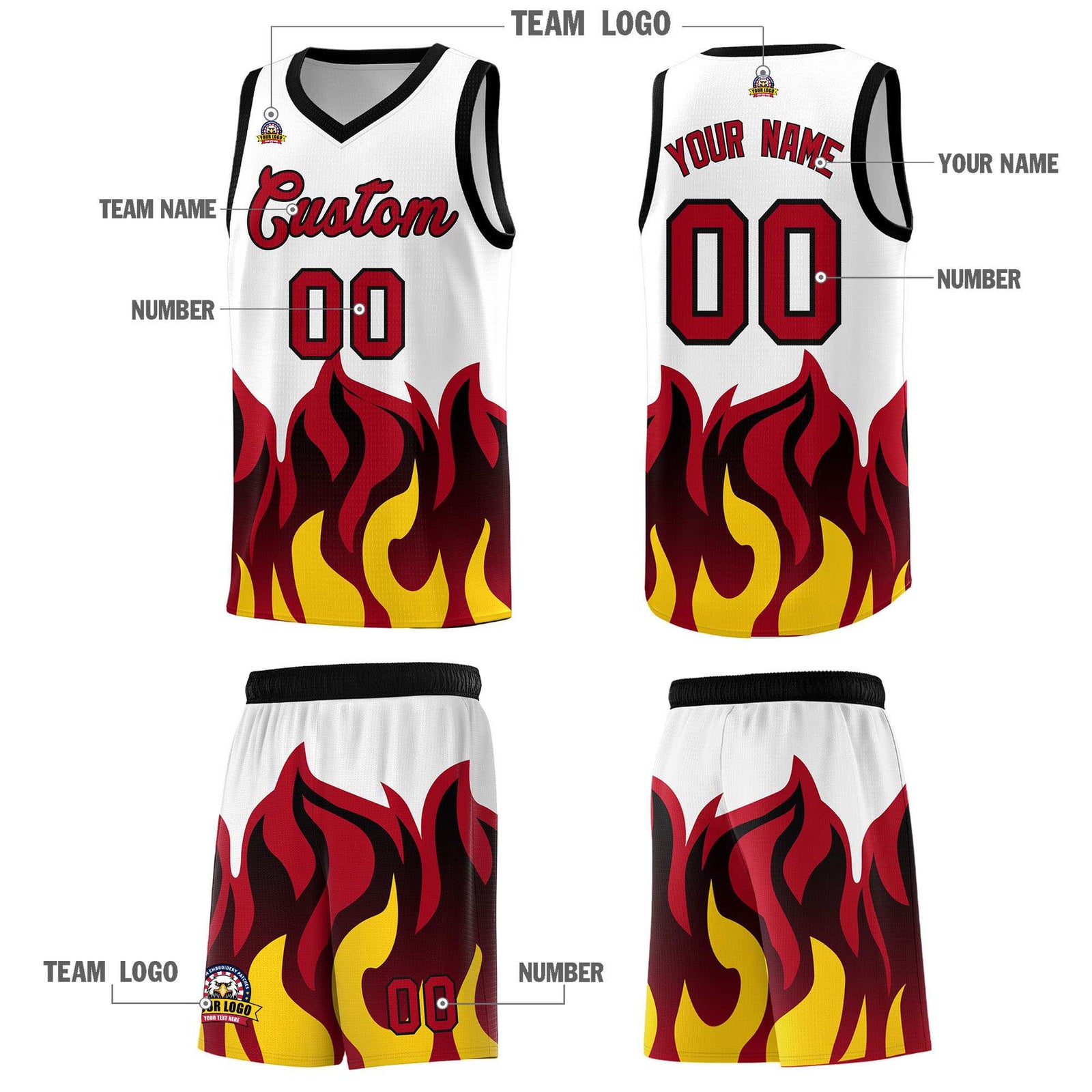 Custom White Red Hem Flame Pattern Fashion Sports Uniform Basketball jersey