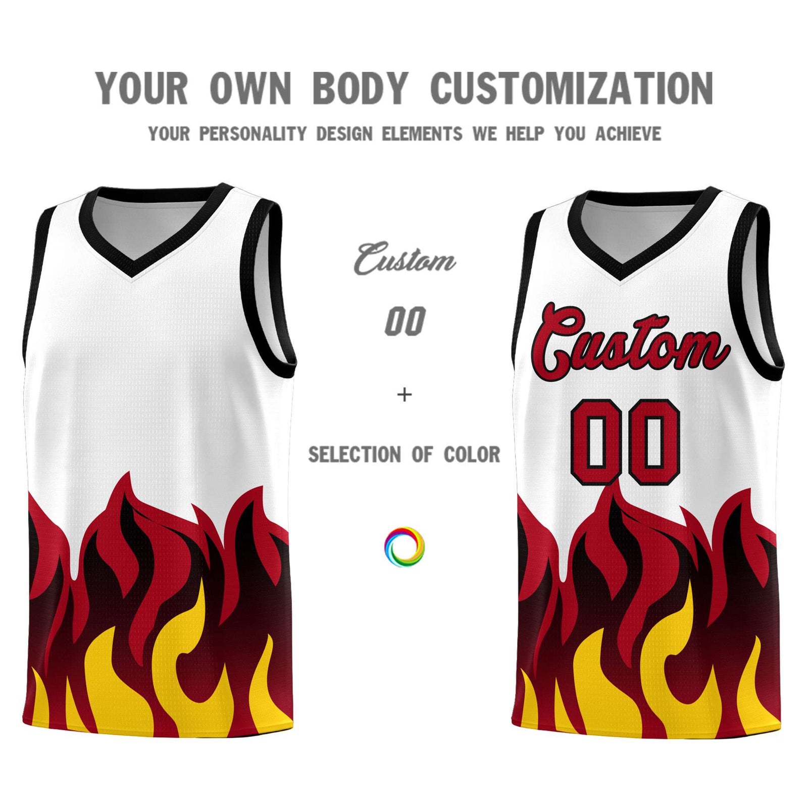 Custom White Red Hem Flame Pattern Fashion Sports Uniform Basketball jersey