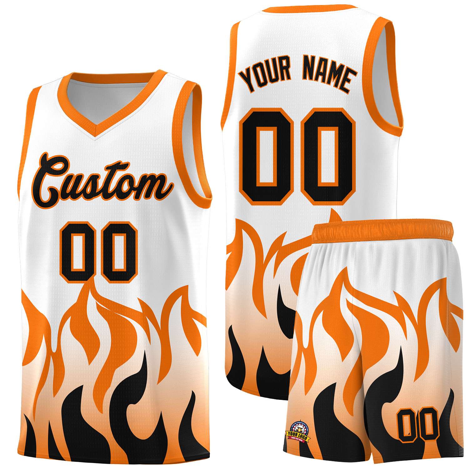 Custom White Orange Hem Flame Pattern Fashion Sports Uniform Basketball jersey