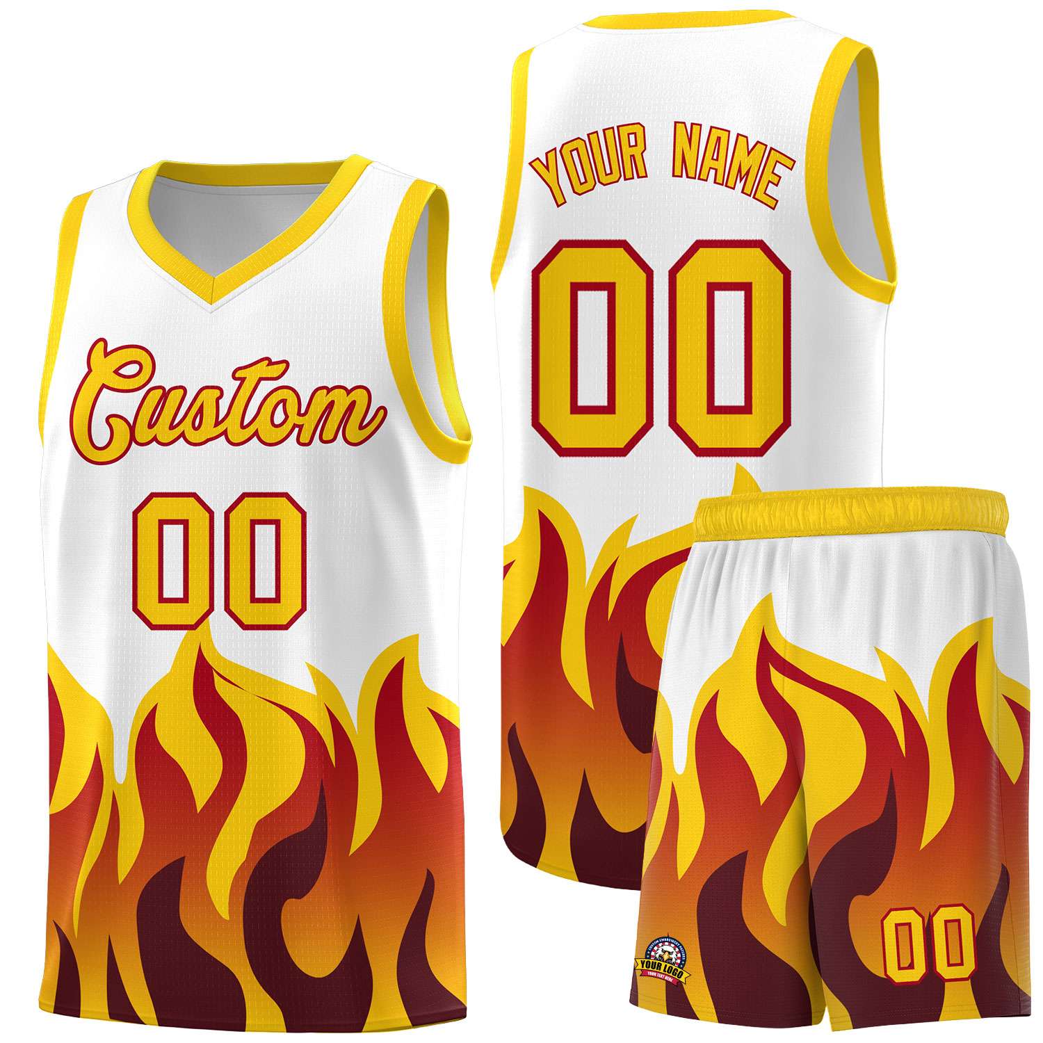 Custom White Gold Hem Flame Pattern Fashion Sports Uniform Basketball jersey