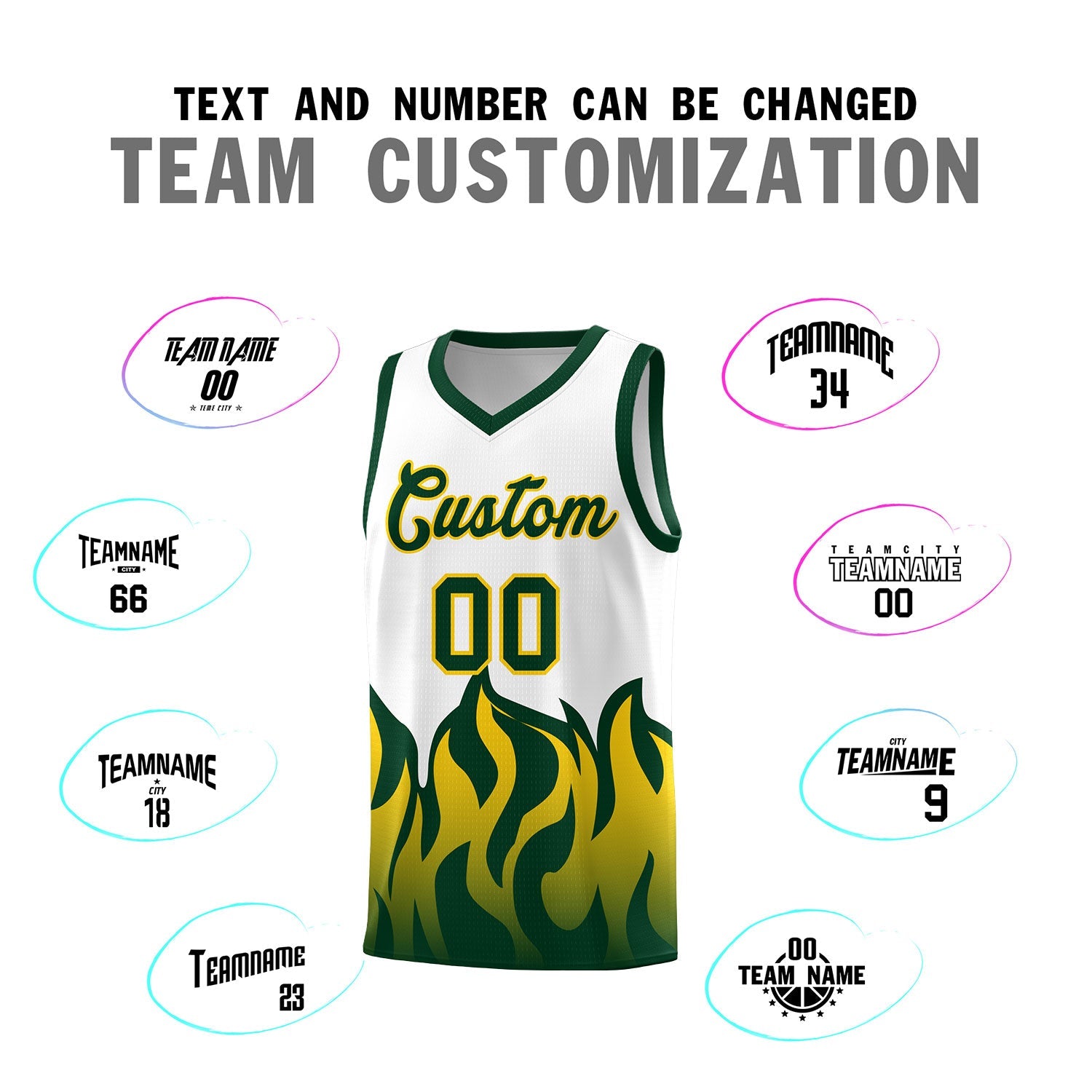 Custom White Hunter Green Hem Flame Pattern Fashion Sports Uniform Basketball jersey