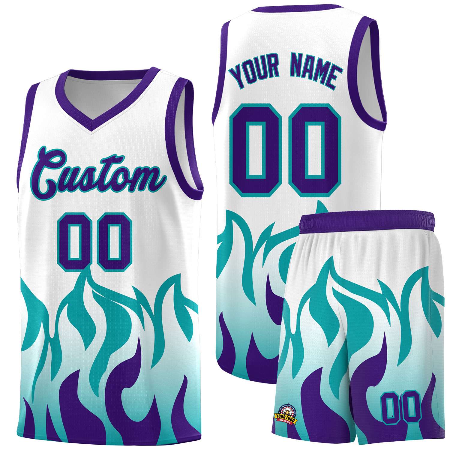 Custom White Aqua Hem Flame Pattern Fashion Sports Uniform Basketball jersey