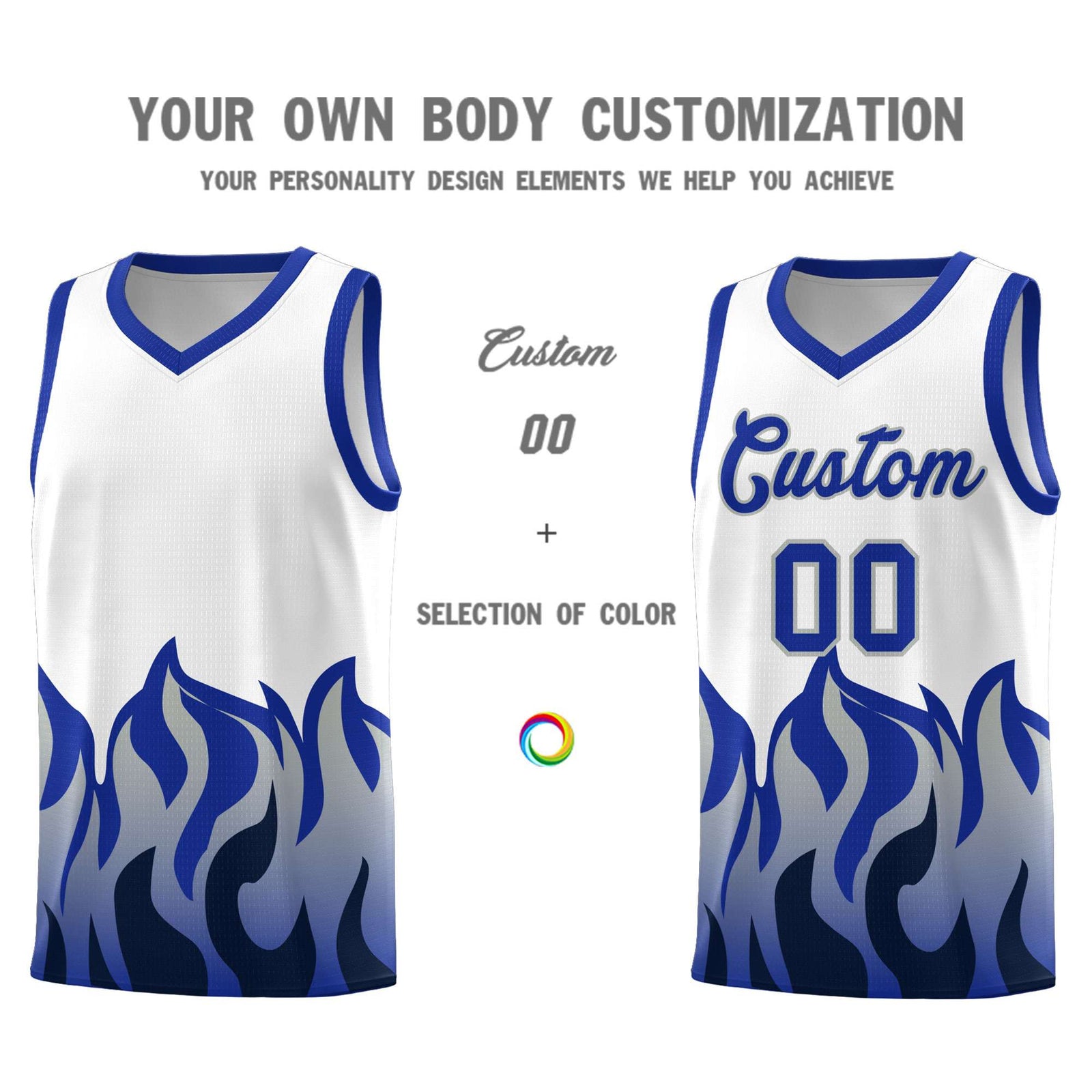 Custom White Royal Hem Flame Pattern Fashion Sports Uniform Basketball jersey