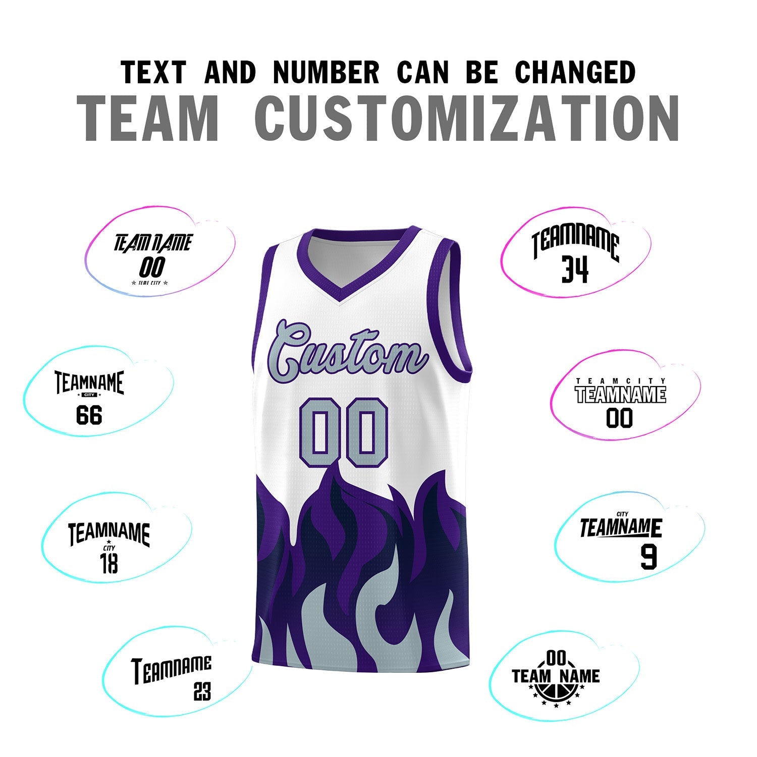 Custom White Purple Hem Flame Pattern Fashion Sports Uniform Basketball jersey