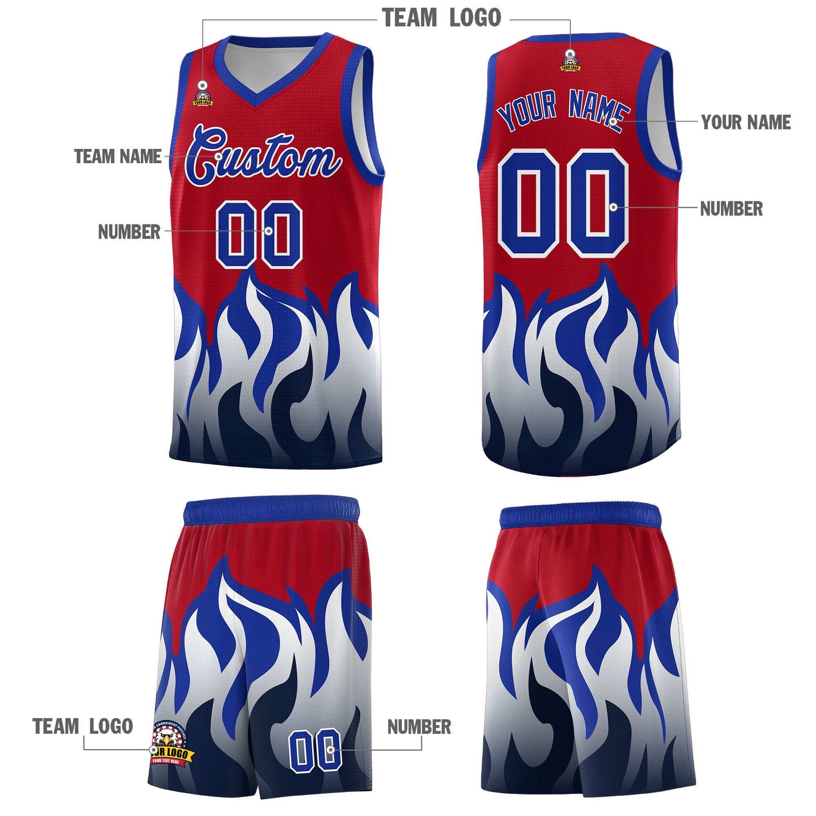 Custom Red Royal Hem Flame Pattern Fashion Sports Uniform Basketball jersey