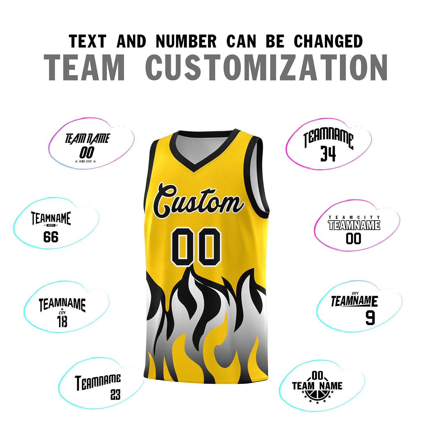 Custom Gold Black Hem Flame Pattern Fashion Sports Uniform Basketball jersey