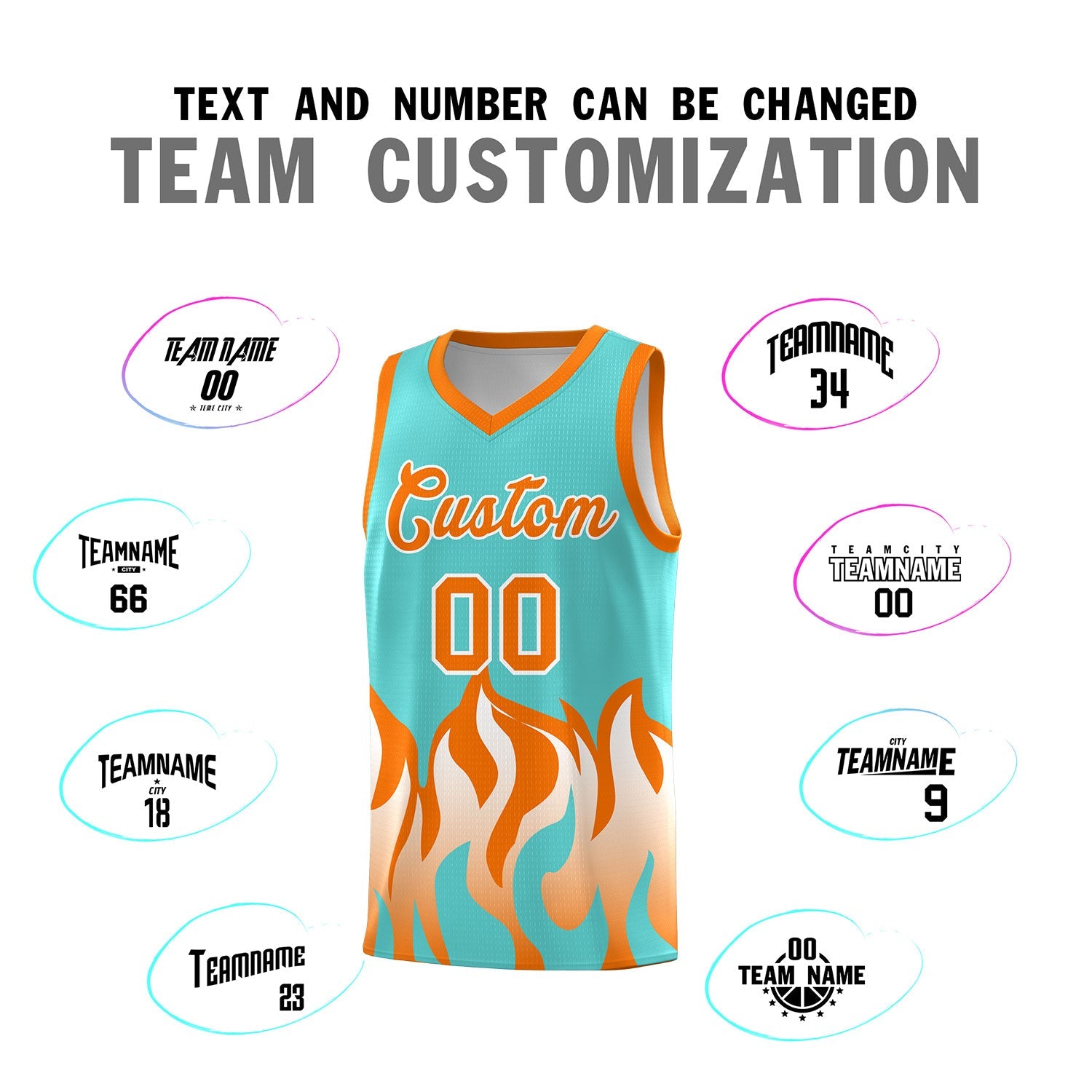 Custom Bright Green Orange Hem Flame Pattern Fashion Sports Uniform Basketball jersey