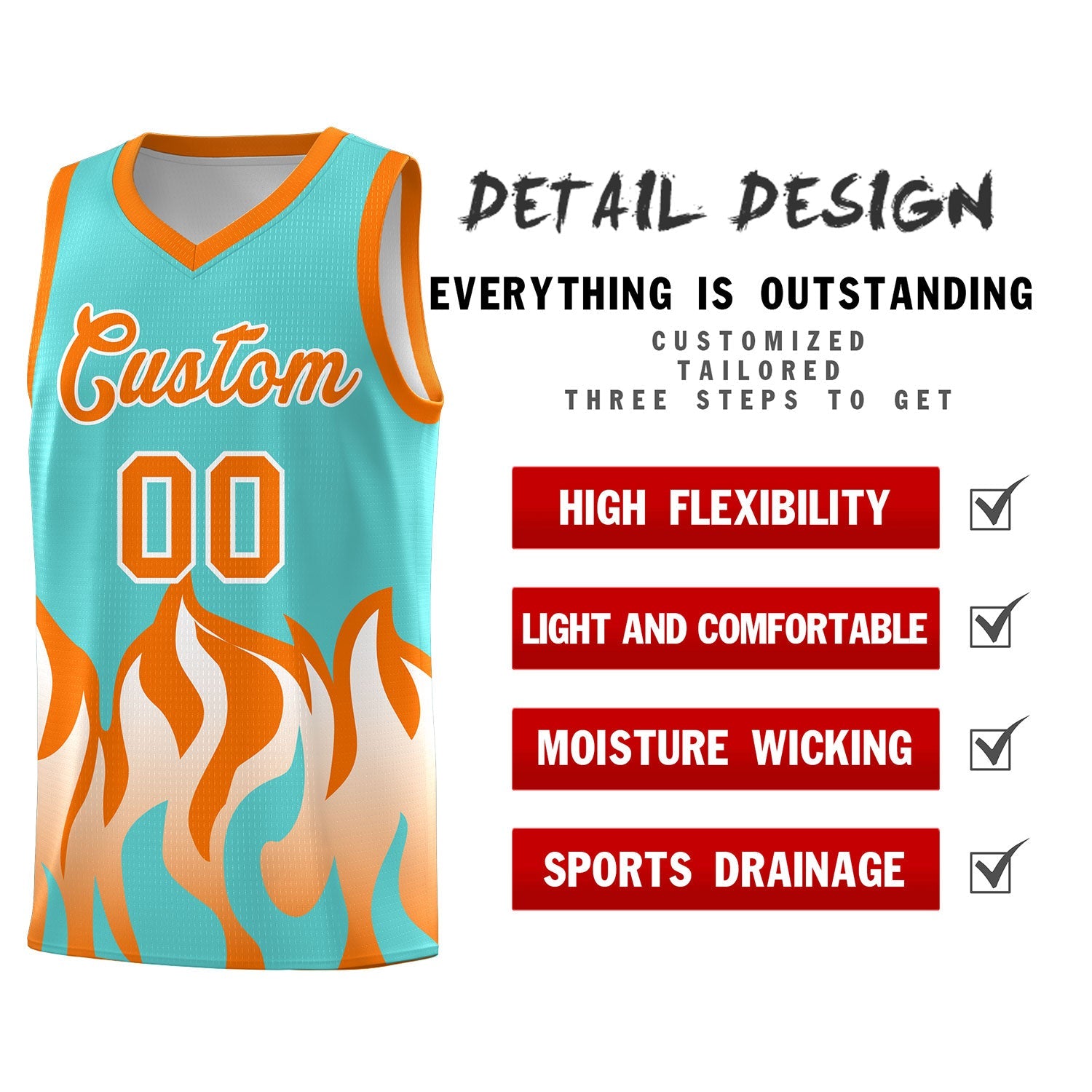 Custom Bright Green Orange Hem Flame Pattern Fashion Sports Uniform Basketball jersey