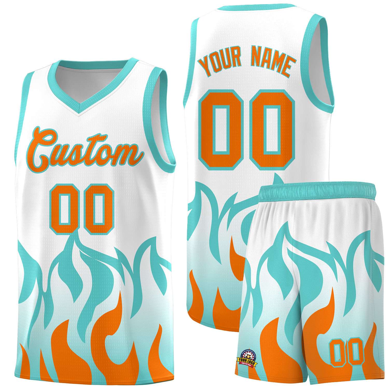 Custom White Orange Hem Flame Pattern Fashion Sports Uniform Basketball jersey