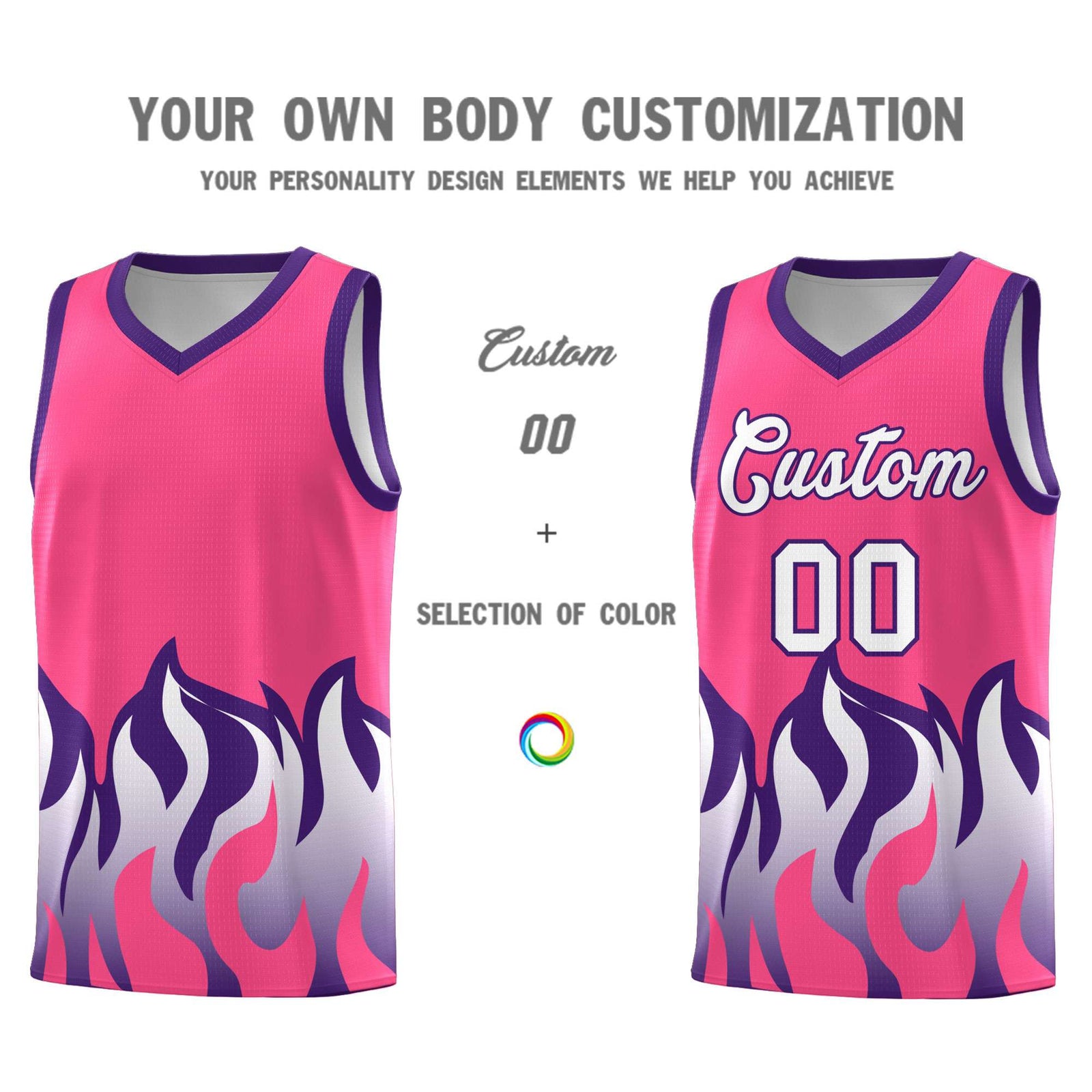 Custom Pink Purple Hem Flame Pattern Fashion Sports Uniform Basketball jersey