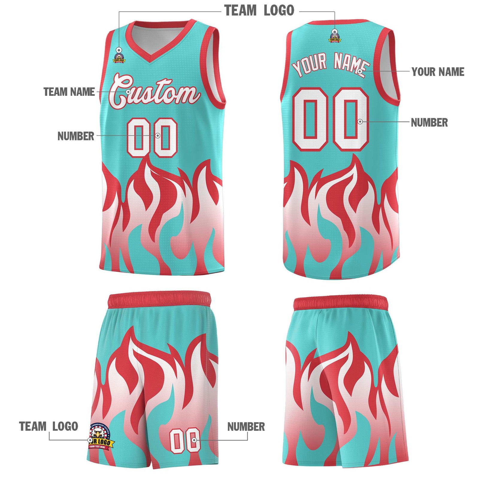Custom Bright Green Light Red Hem Flame Pattern Fashion Sports Uniform Basketball jersey