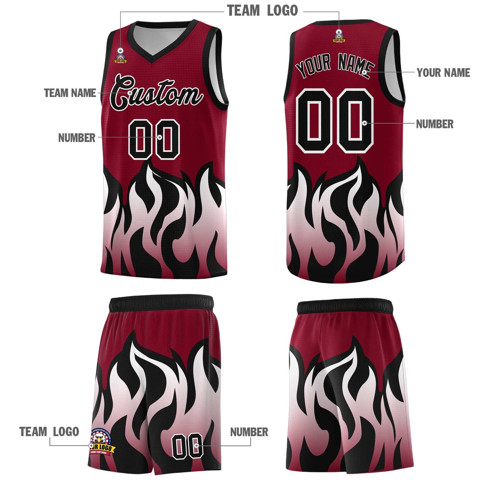 Custom Crimson Black Hem Flame Pattern Fashion Sports Uniform Basketball jersey