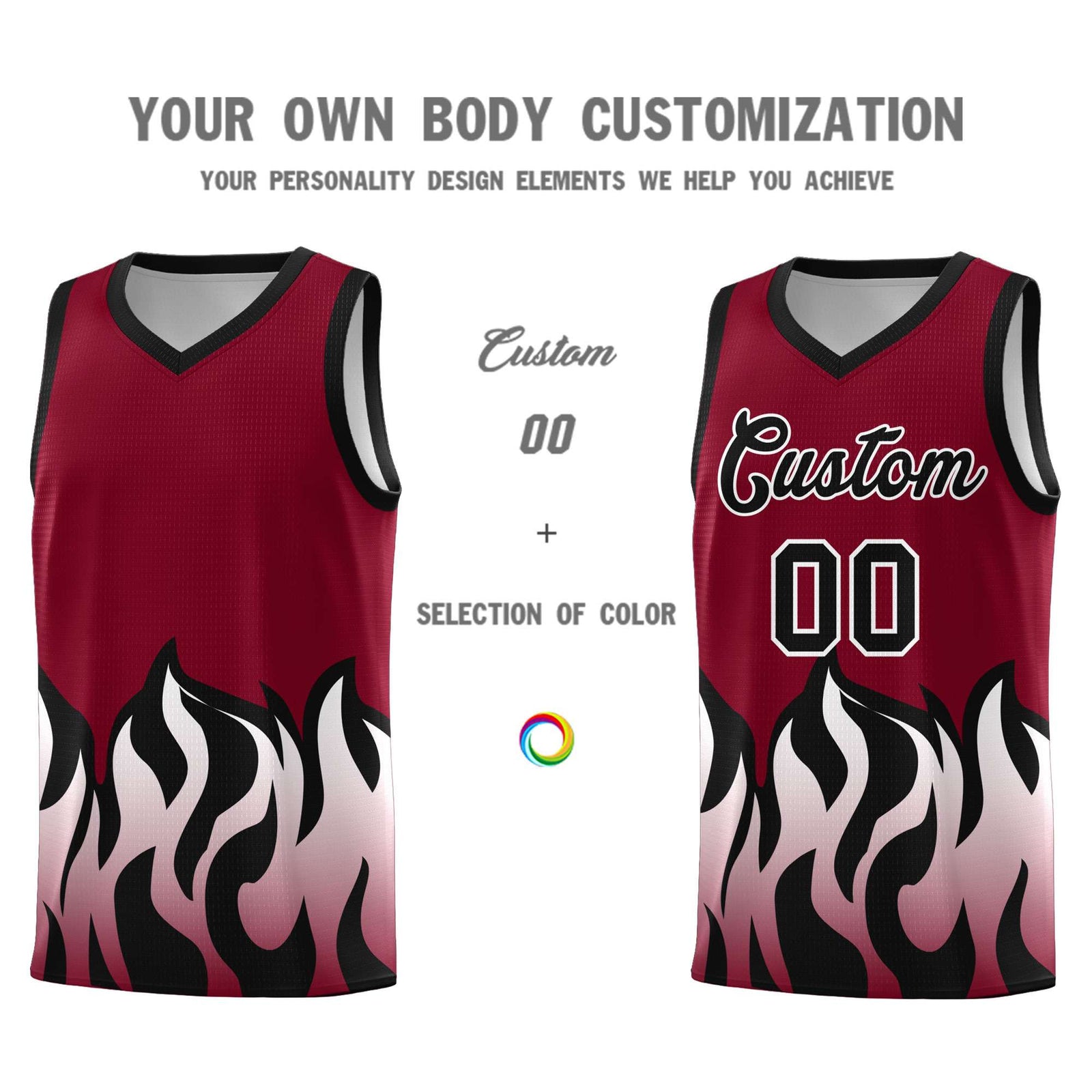 Custom Crimson Black Hem Flame Pattern Fashion Sports Uniform Basketball jersey