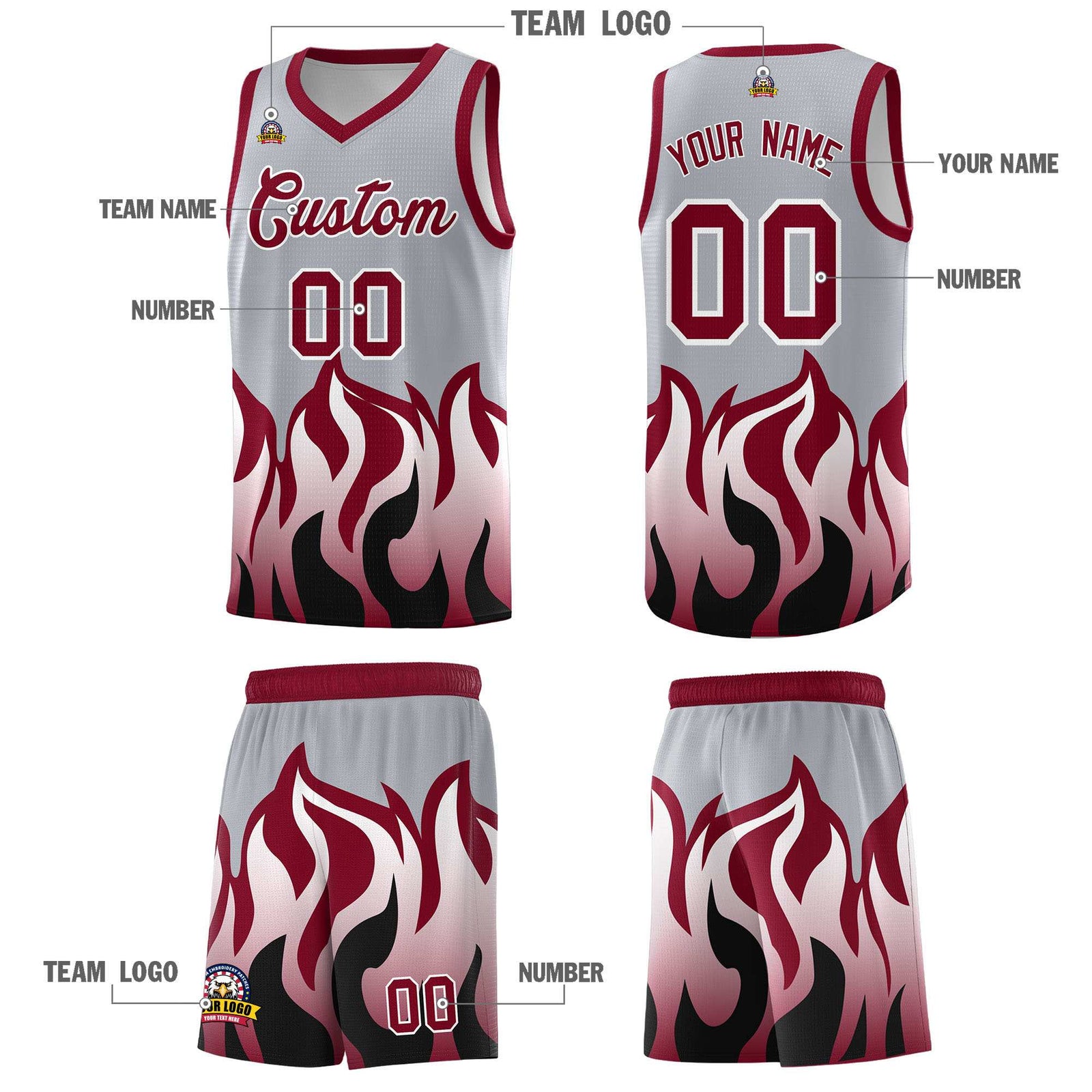 Custom Gray Crimson Hem Flame Pattern Fashion Sports Uniform Basketball jersey