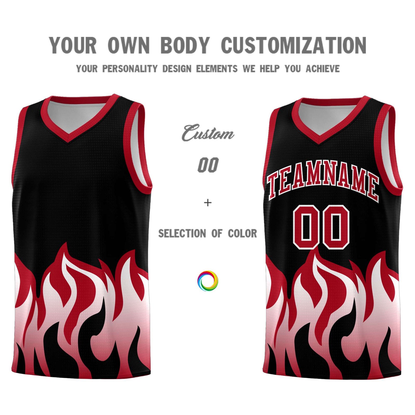 Custom Black Red Hem Flame Pattern Fashion Sports Uniform Basketball jersey