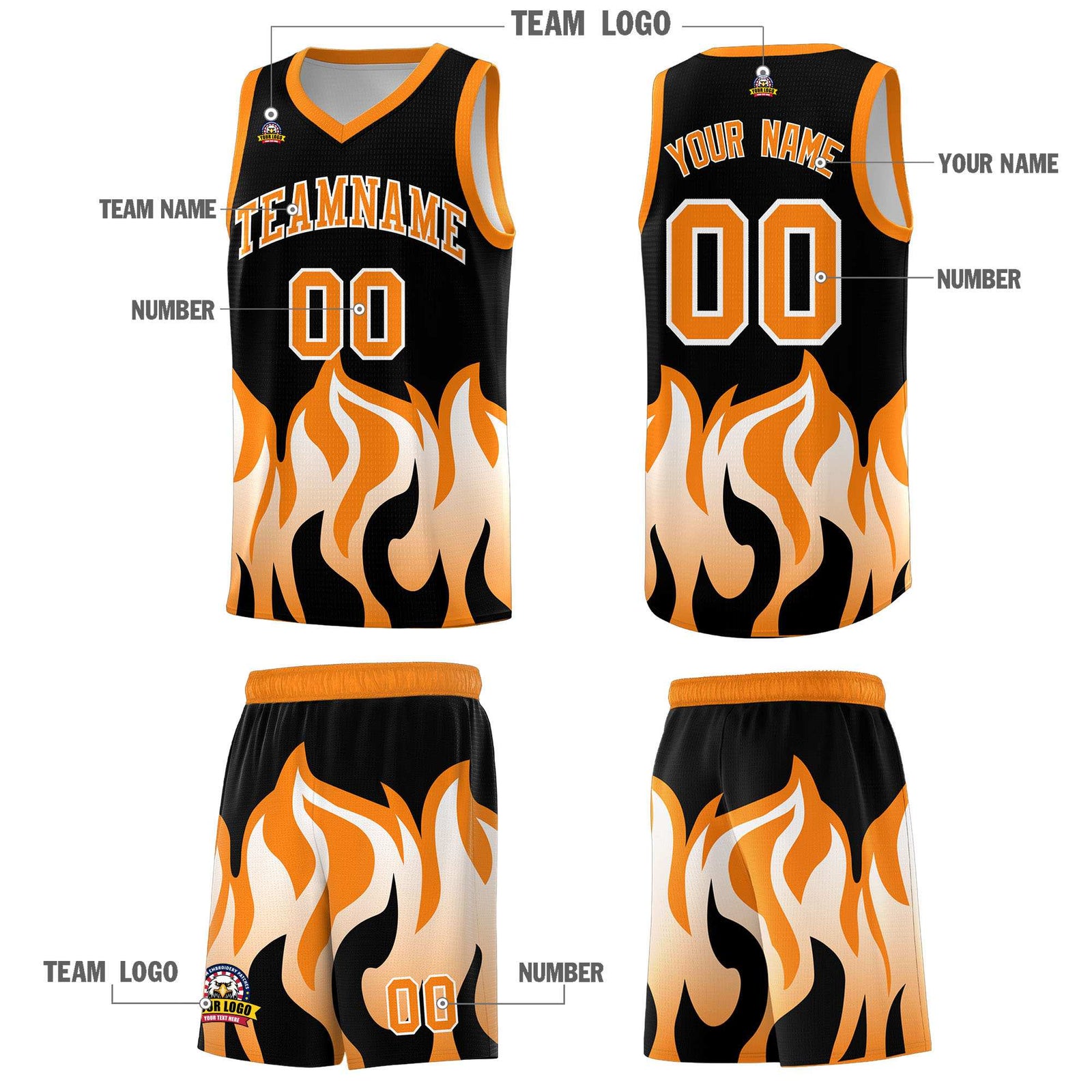 Custom Black Orange Hem Flame Pattern Fashion Sports Uniform Basketball jersey