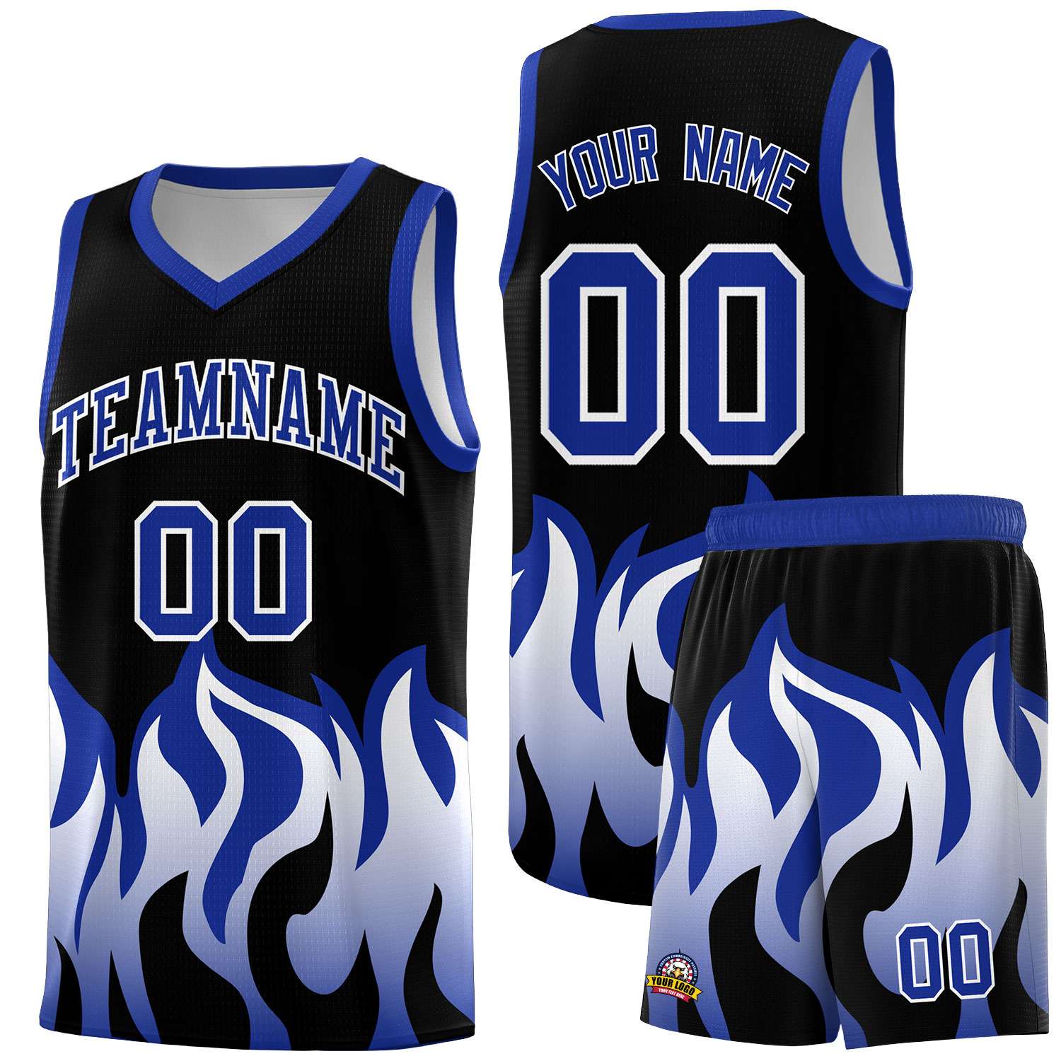 Custom Black Royal Hem Flame Pattern Fashion Sports Uniform Basketball jersey