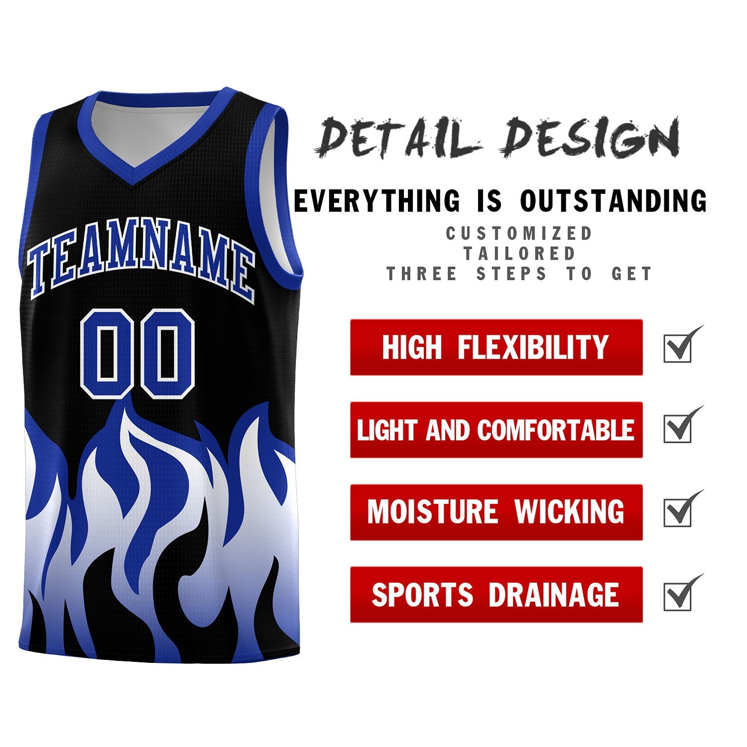 Custom Black Royal Hem Flame Pattern Fashion Sports Uniform Basketball jersey