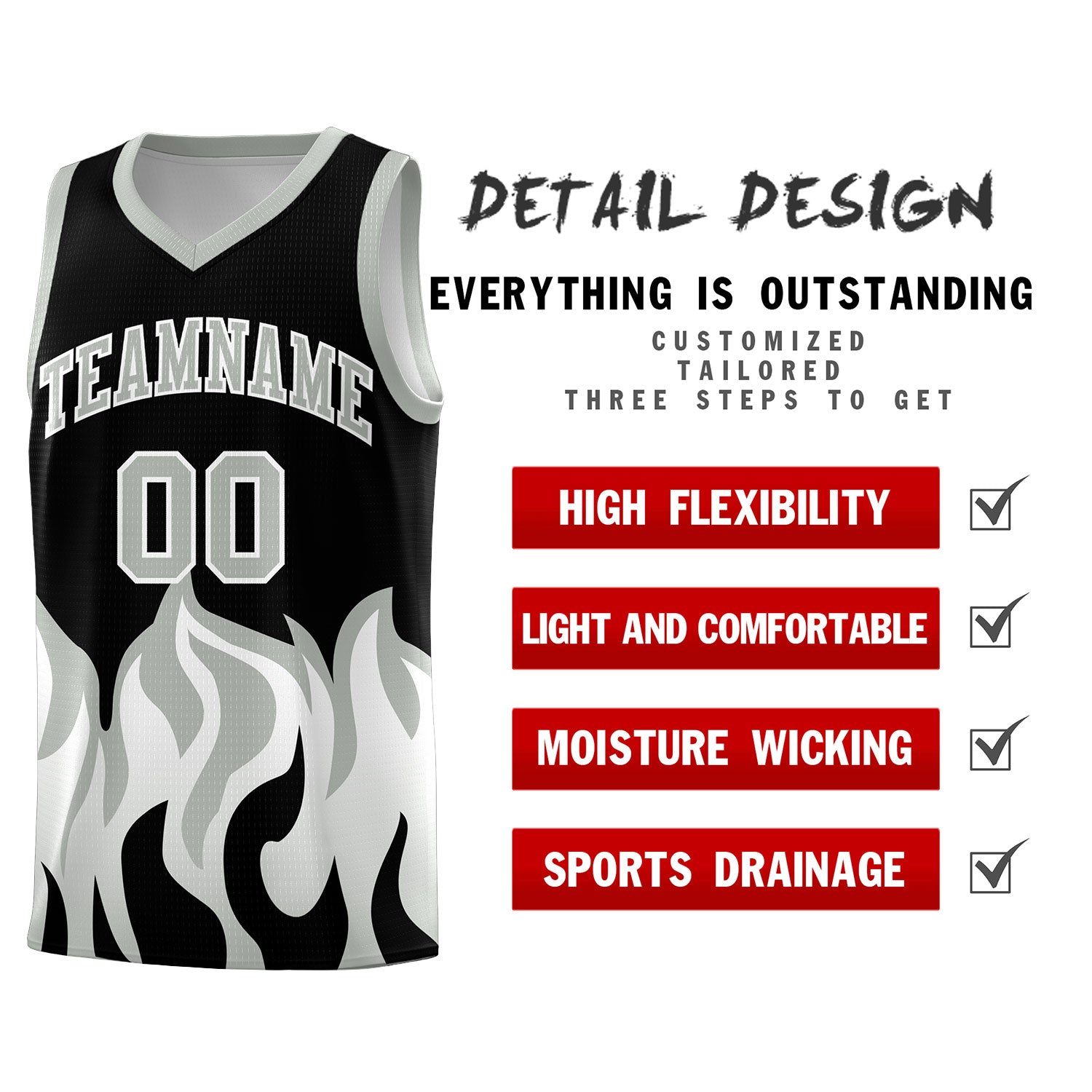 Custom Black Gray Hem Flame Pattern Fashion Sports Uniform Basketball jersey