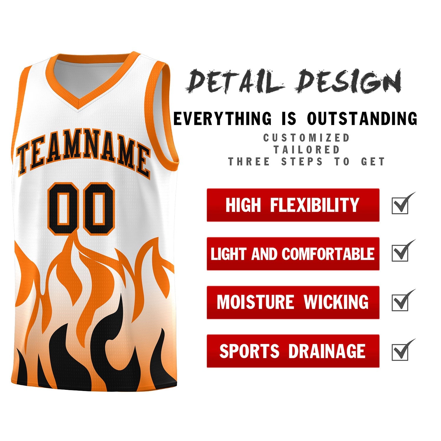 Custom White Orange Hem Flame Pattern Fashion Sports Uniform Basketball jersey
