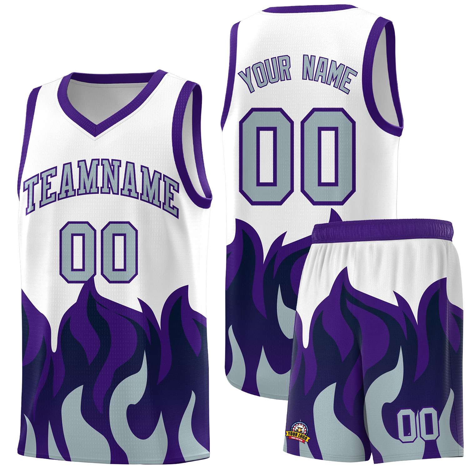 Custom White Purple Hem Flame Pattern Fashion Sports Uniform Basketball jersey