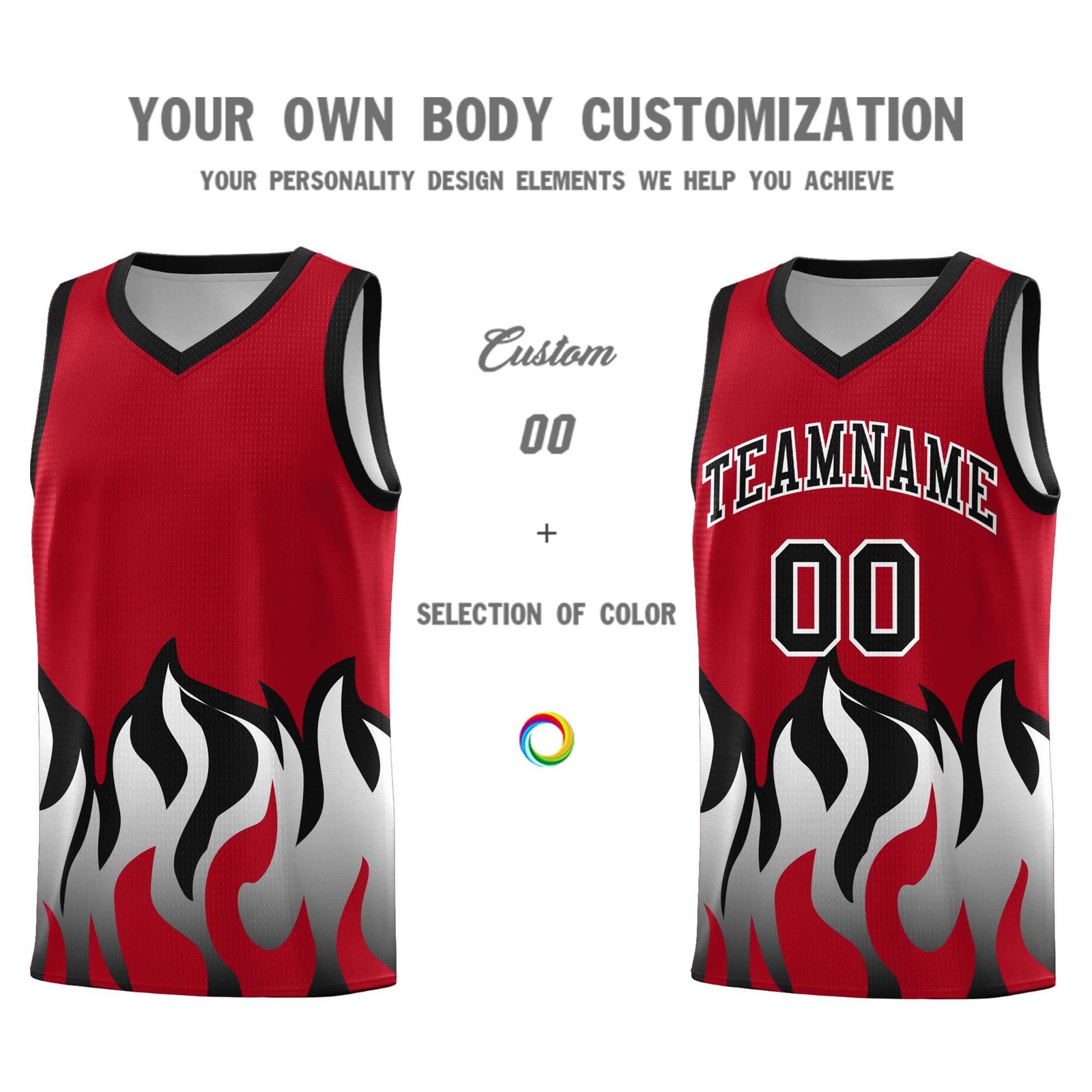 Custom Red Black Hem Flame Pattern Fashion Sports Uniform Basketball jersey