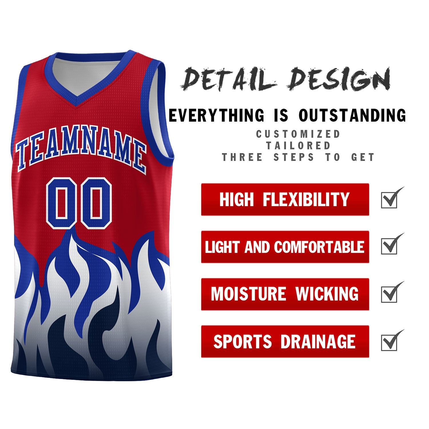 Custom Red Royal Hem Flame Pattern Fashion Sports Uniform Basketball jersey