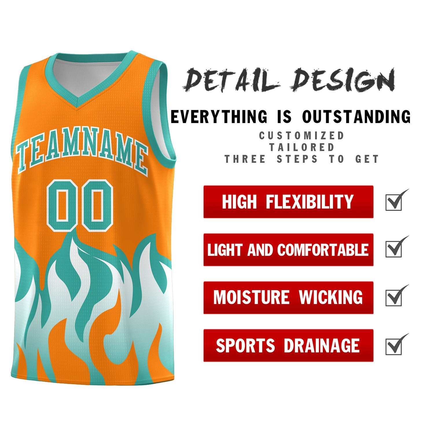 Custom Orange Bright Green Hem Flame Pattern Fashion Sports Uniform Basketball jersey