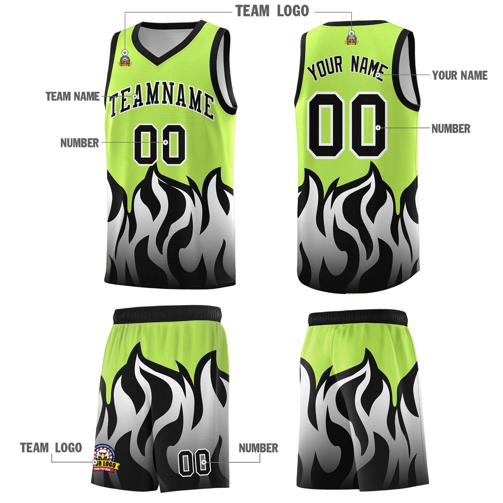 Custom Neon Green Black Hem Flame Pattern Fashion Sports Uniform Basketball jersey