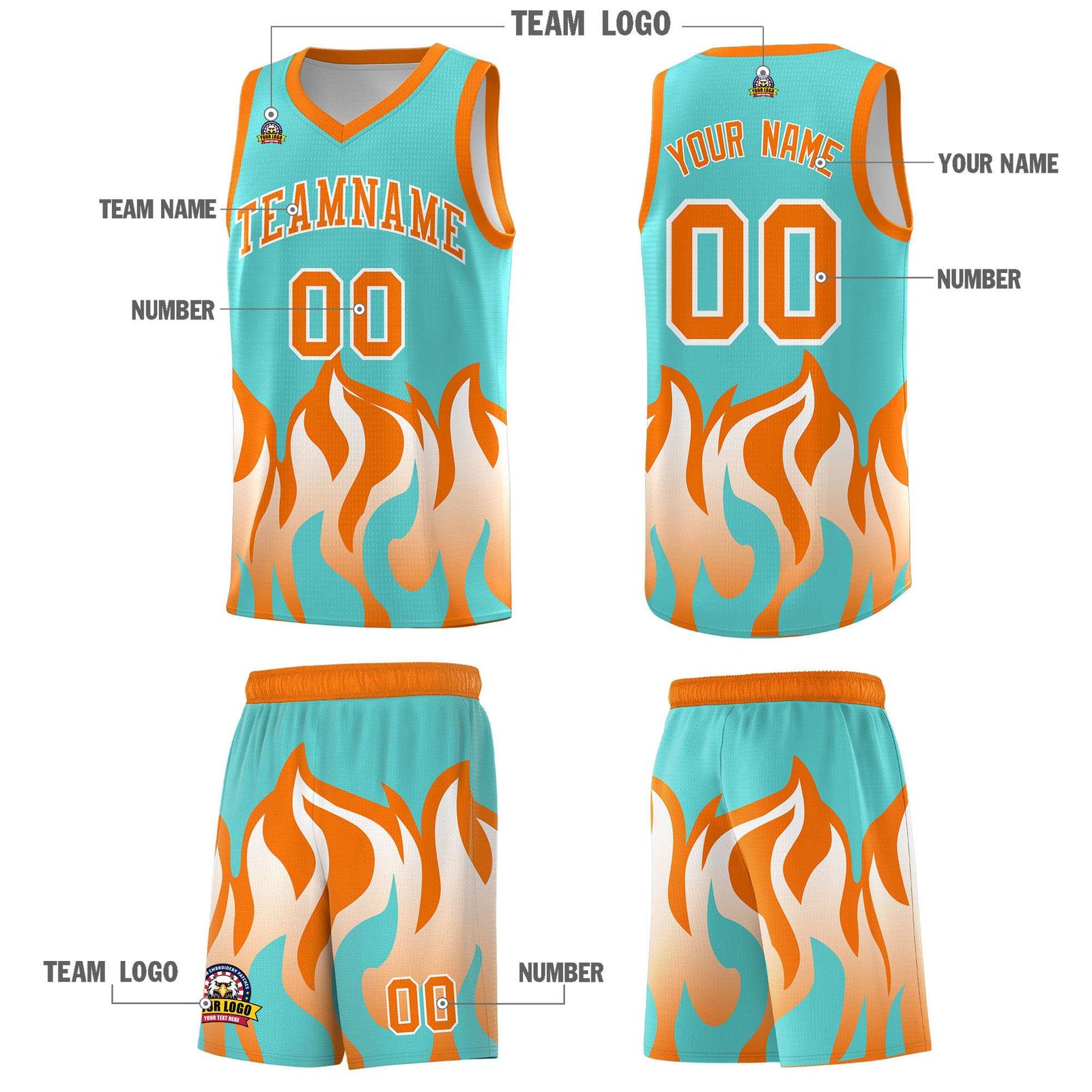 Custom Bright Green Orange Hem Flame Pattern Fashion Sports Uniform Basketball jersey