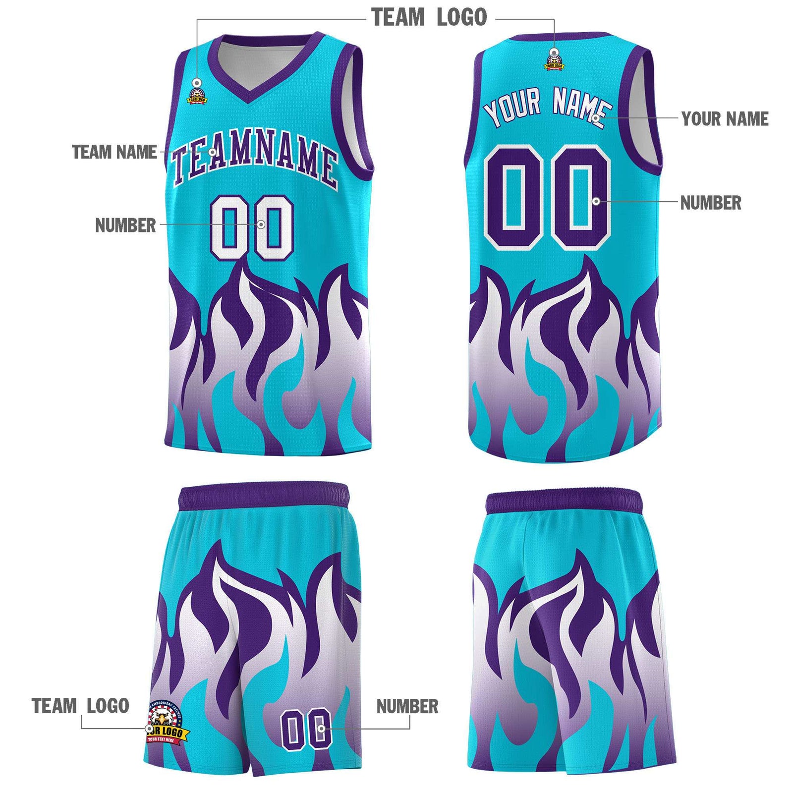Custom Sky Blue Purple Hem Flame Pattern Fashion Sports Uniform Basketball jersey