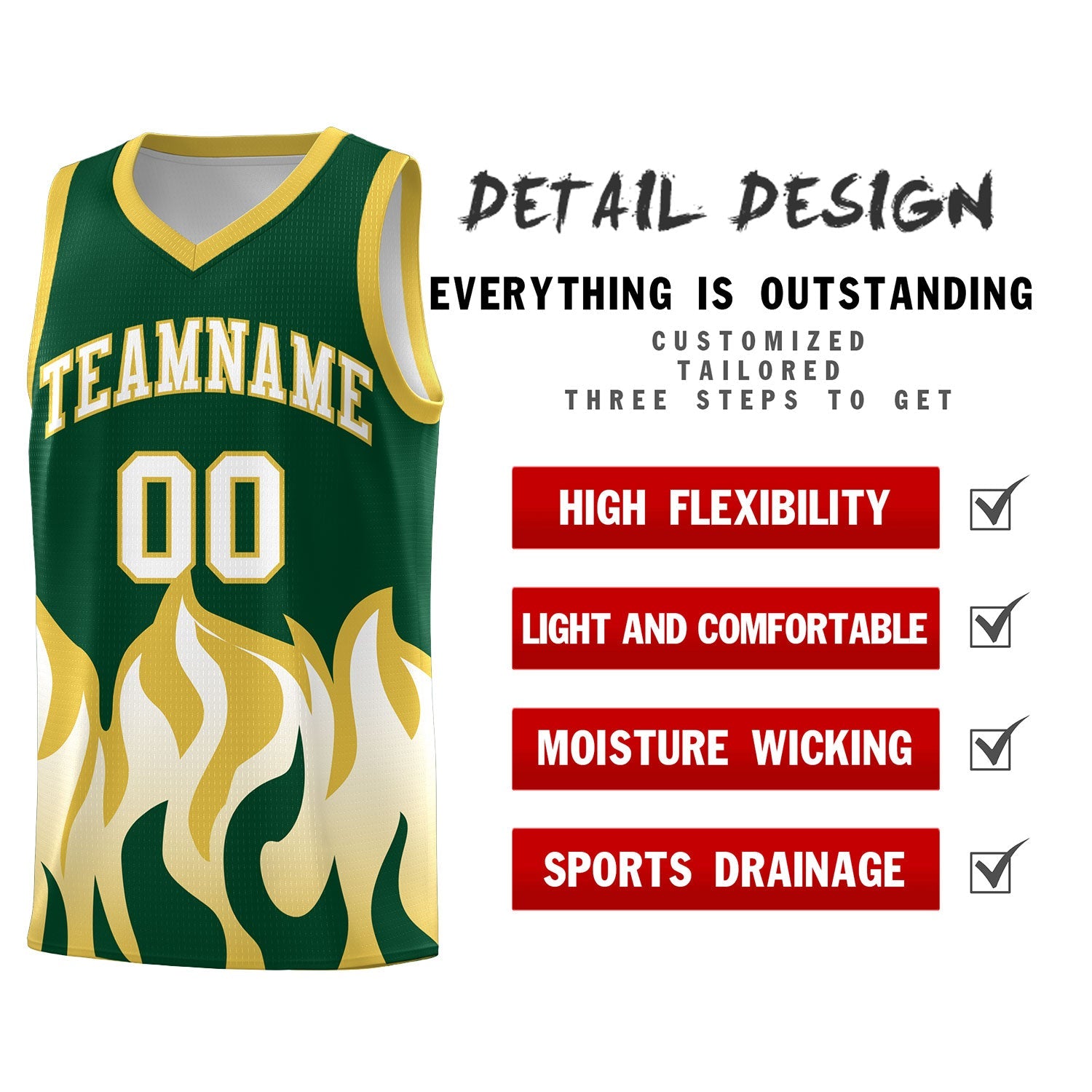 Custom Kelly Green Old Gold Hem Flame Pattern Fashion Sports Uniform Basketball jersey