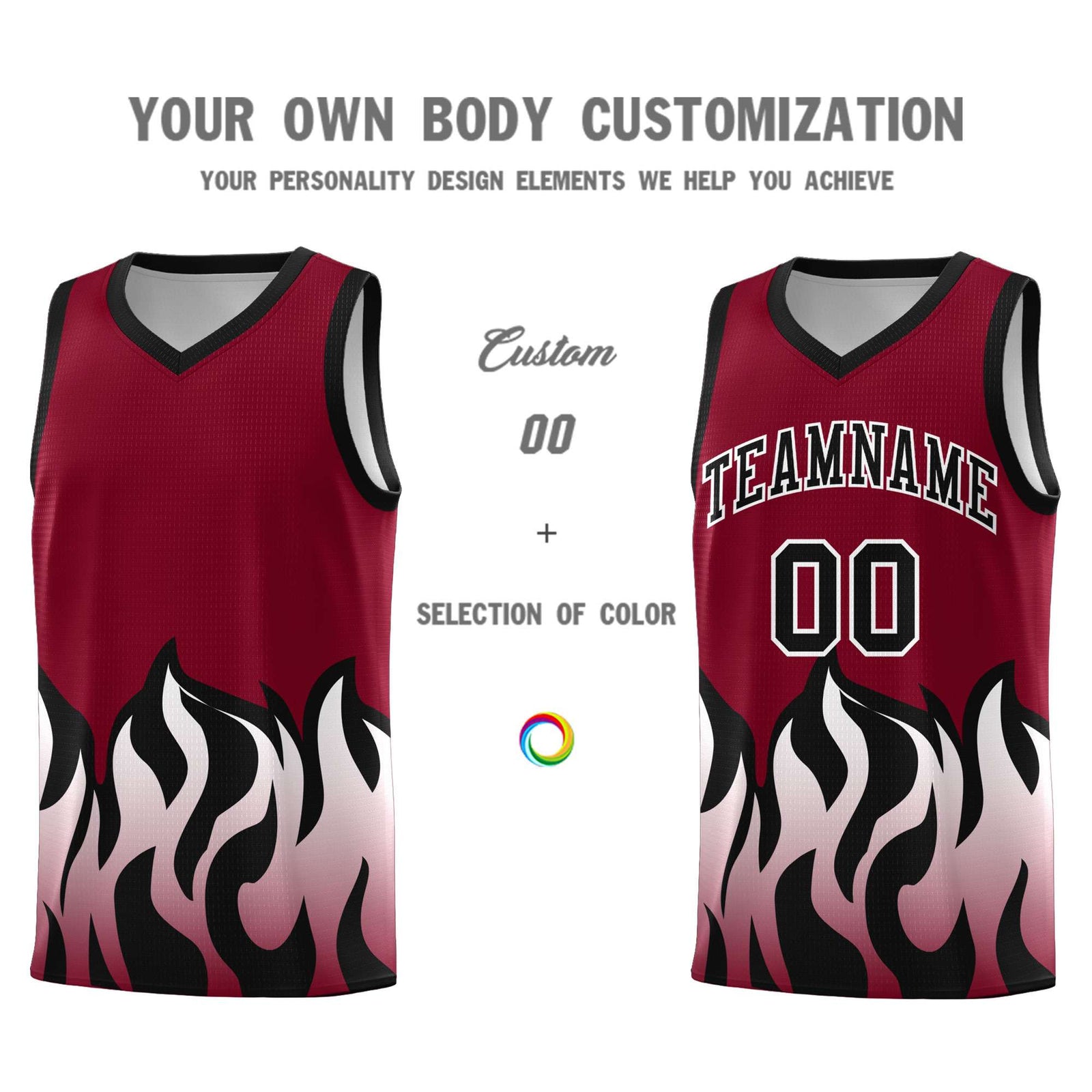Custom Crimson Black Hem Flame Pattern Fashion Sports Uniform Basketball jersey