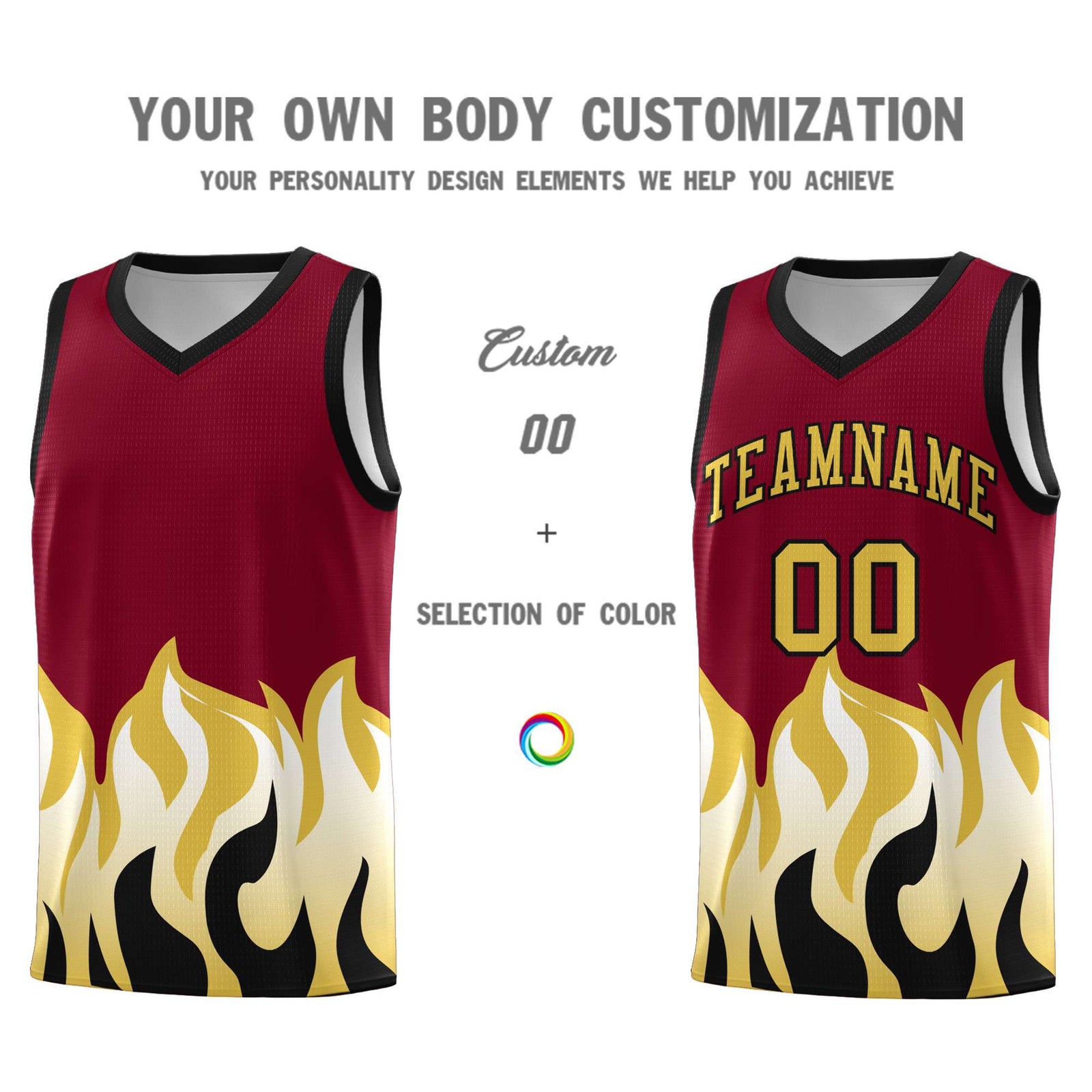 Custom Crimson Old Gold Hem Flame Pattern Fashion Sports Uniform Basketball jersey