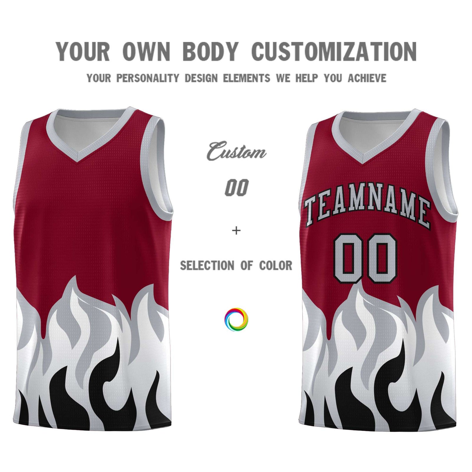 Custom Crimson Gray Hem Flame Pattern Fashion Sports Uniform Basketball jersey