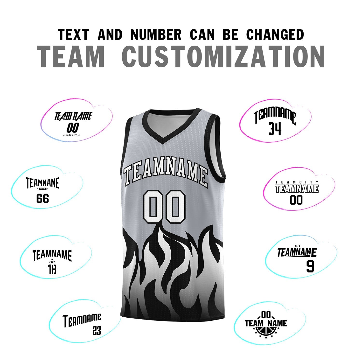 Custom Gray Black Hem Flame Pattern Fashion Sports Uniform Basketball jersey