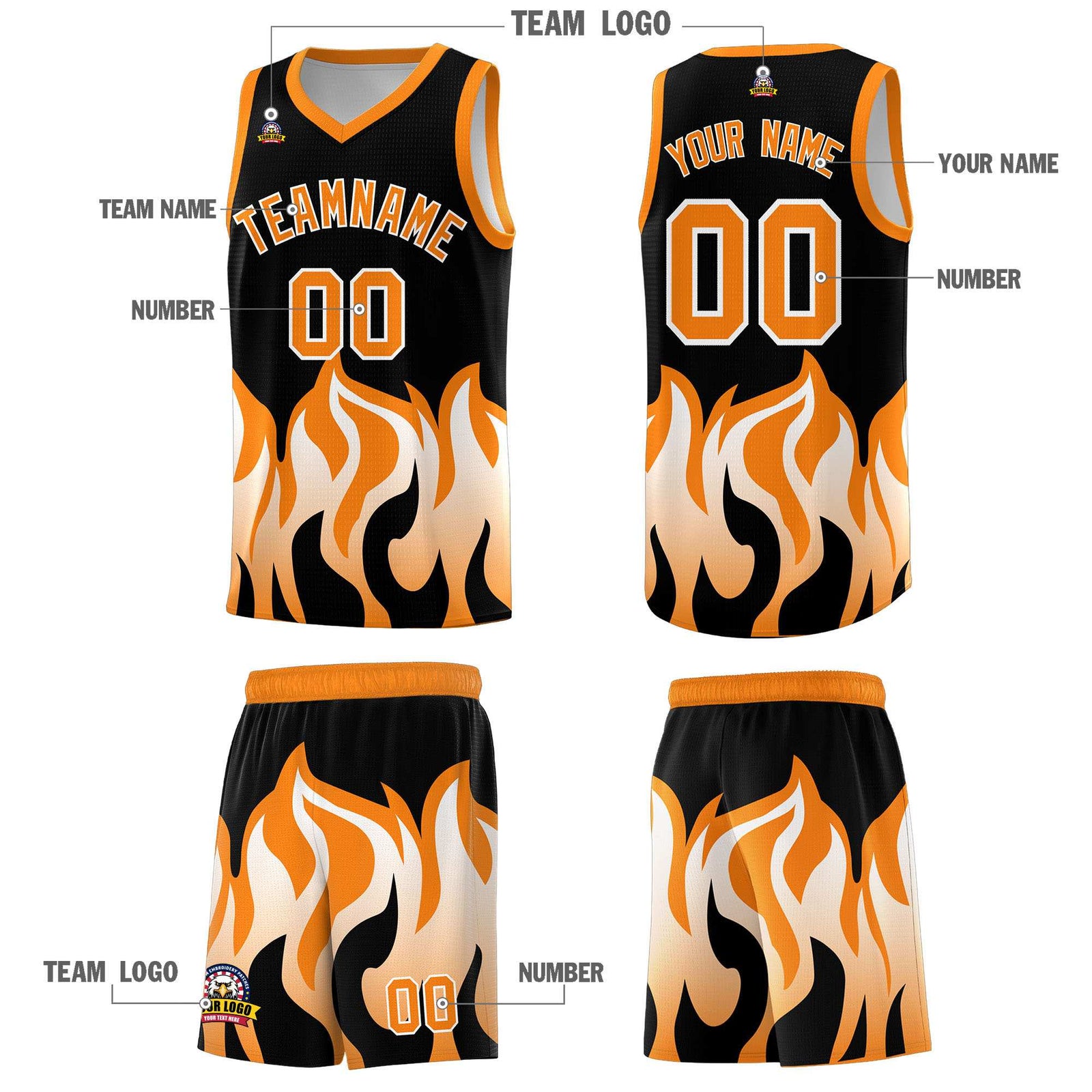 Custom Black Orange Hem Flame Pattern Fashion Sports Uniform Basketball jersey