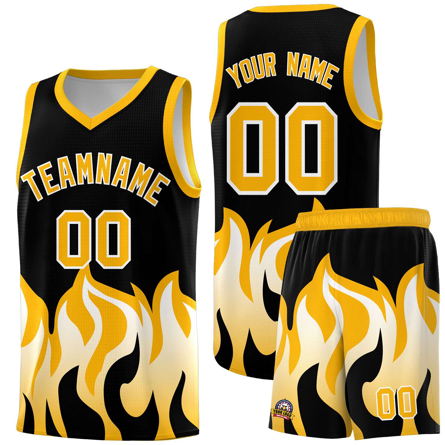 Custom Black Yellow Hem Flame Pattern Fashion Sports Uniform Basketball jersey