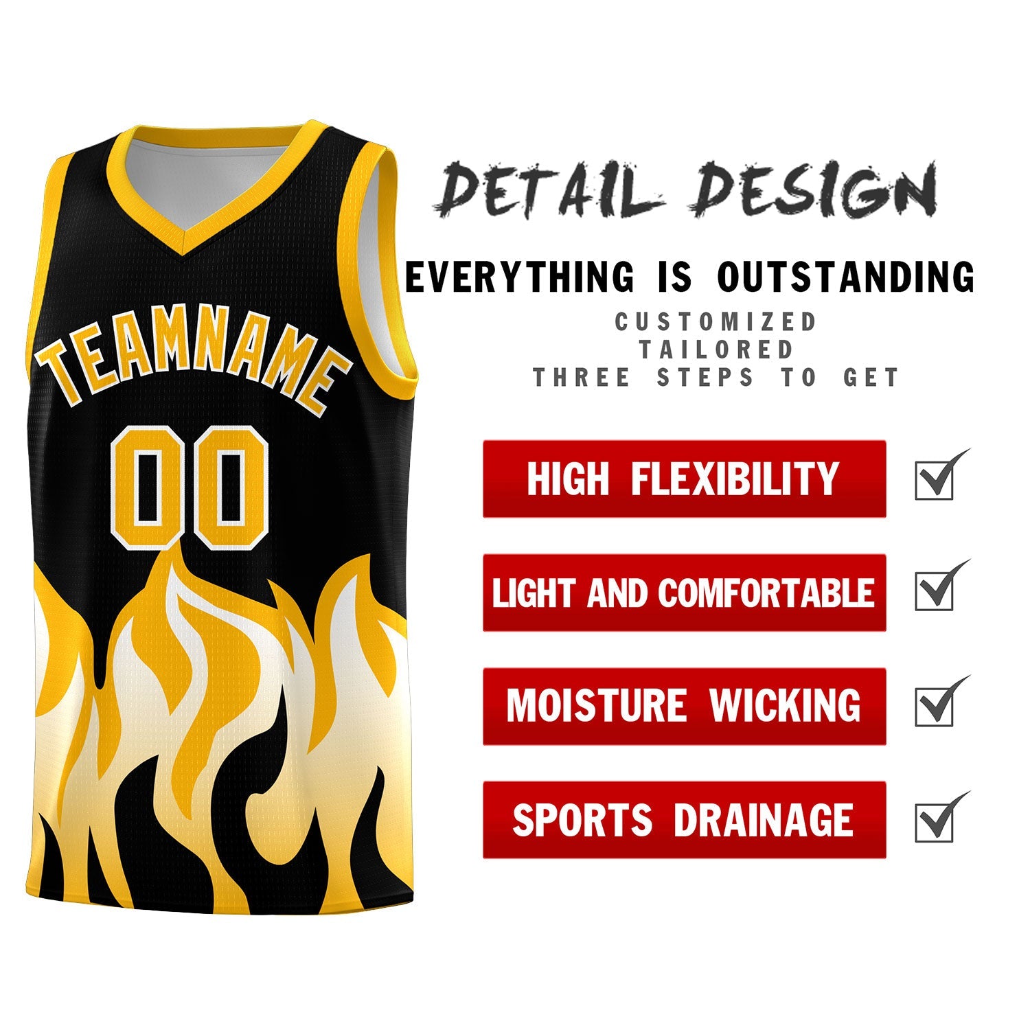 Custom Black Yellow Hem Flame Pattern Fashion Sports Uniform Basketball jersey
