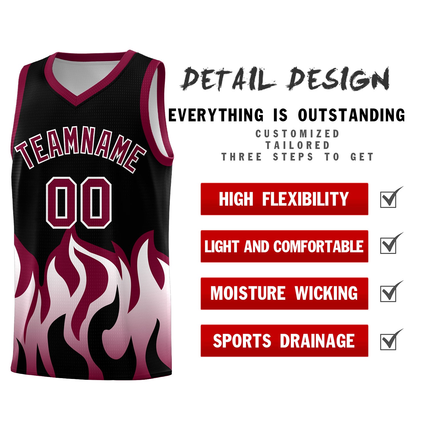 Custom Black Crimson Hem Flame Pattern Fashion Sports Uniform Basketball jersey