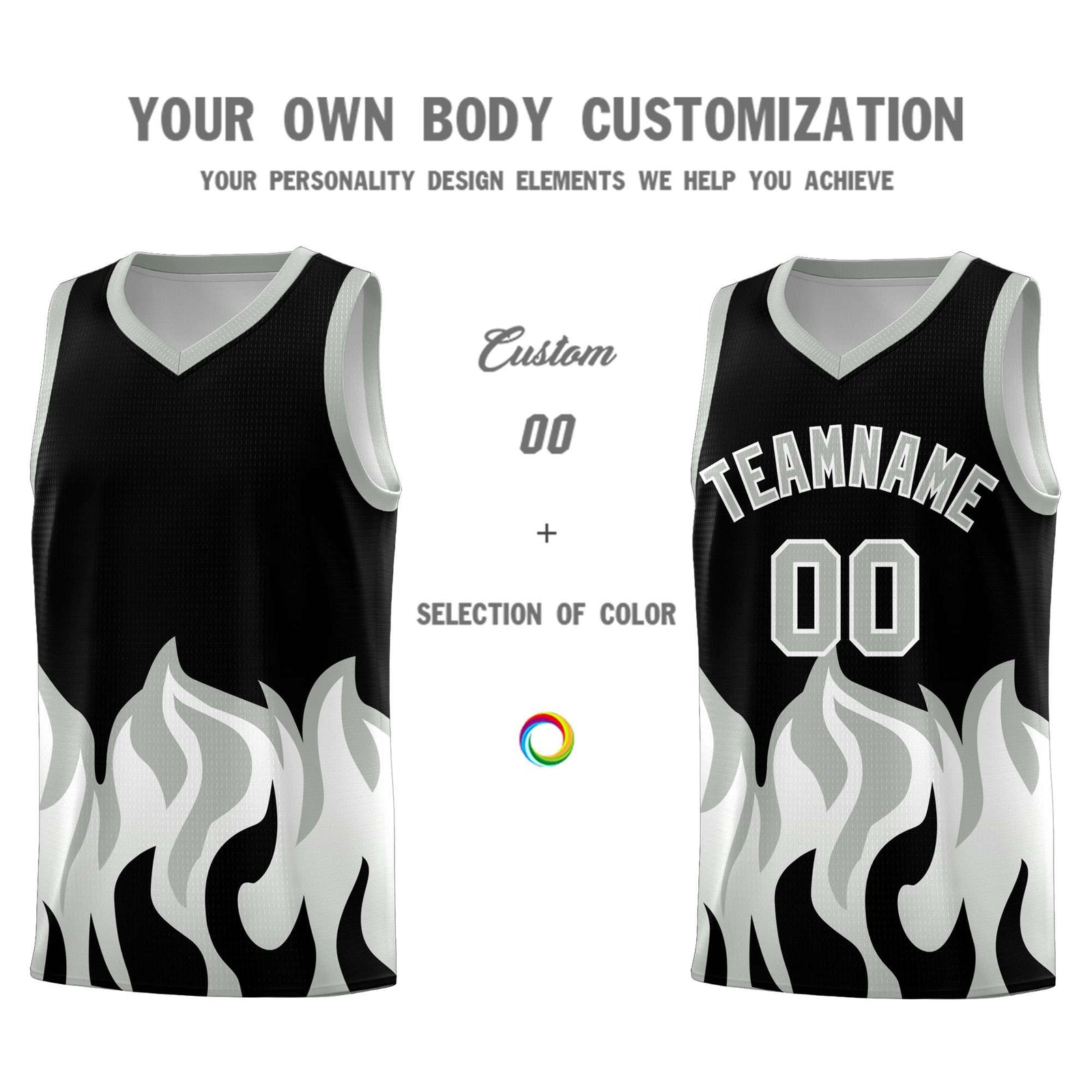 Custom Black Gray Hem Flame Pattern Fashion Sports Uniform Basketball jersey