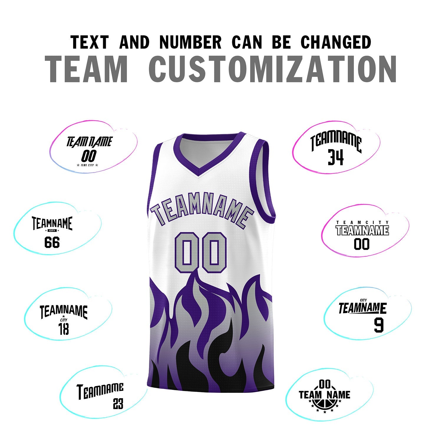 Custom White Purple Hem Flame Pattern Fashion Sports Uniform Basketball jersey
