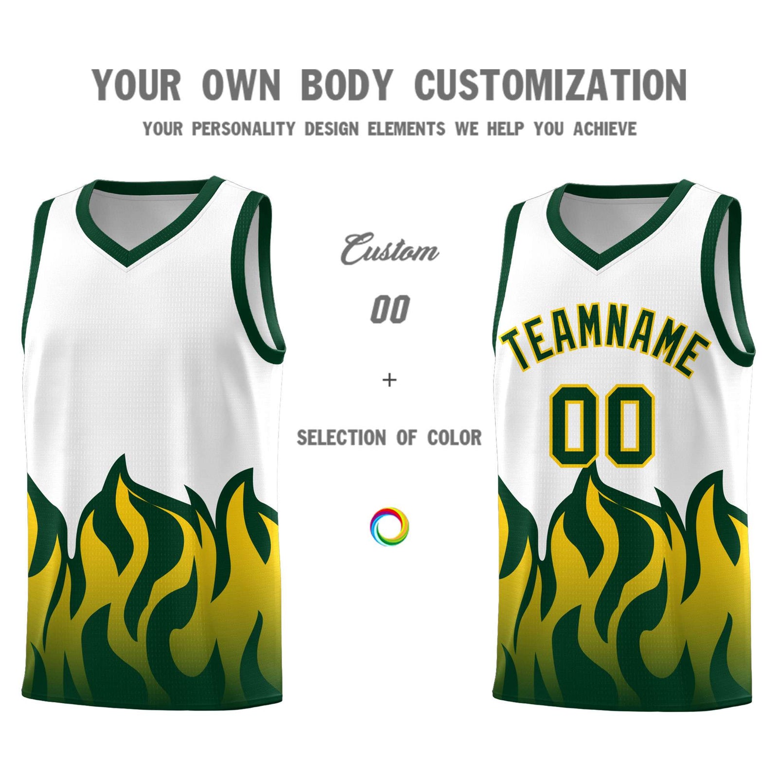 Custom White Hunter Green Hem Flame Pattern Fashion Sports Uniform Basketball jersey