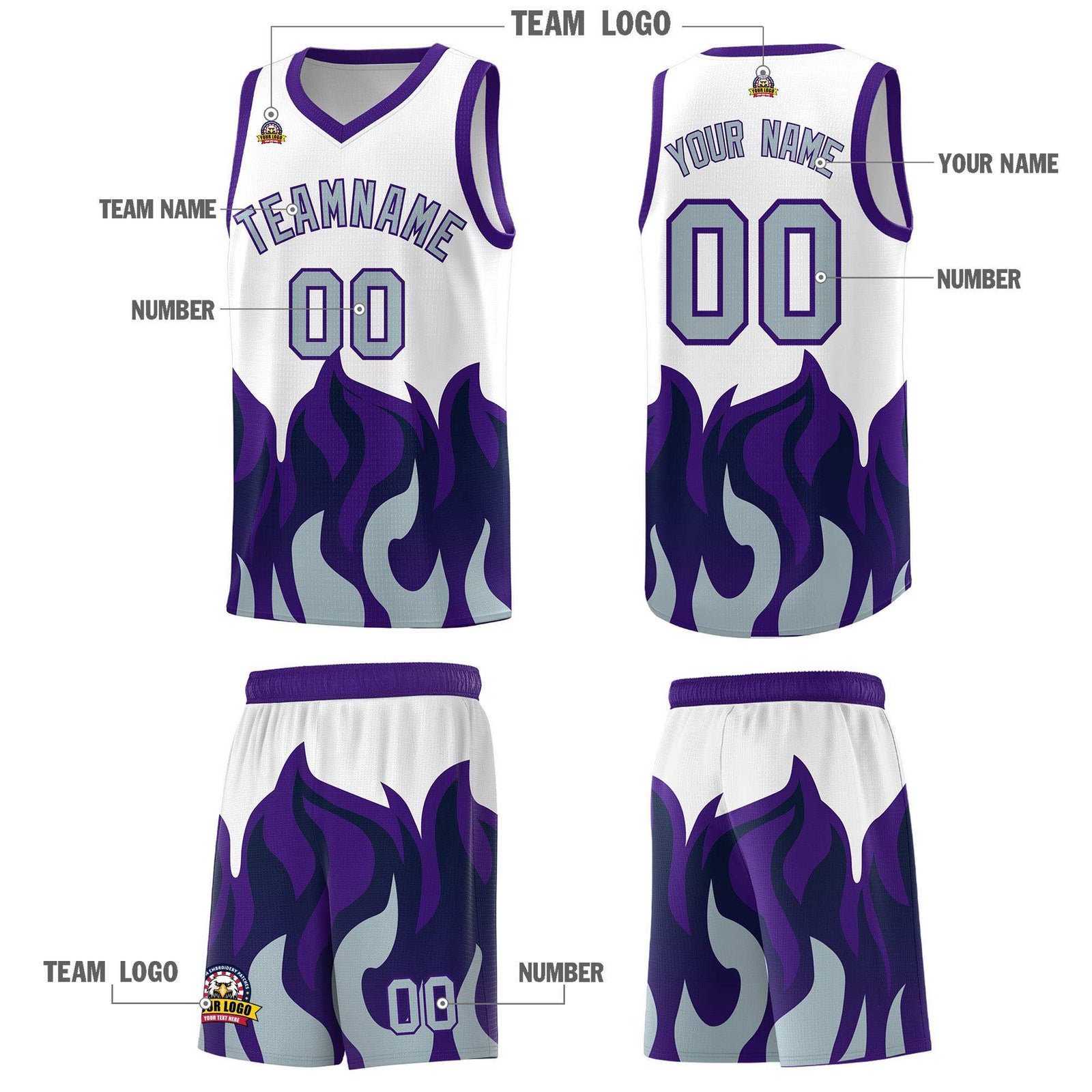 Custom White Purple Hem Flame Pattern Fashion Sports Uniform Basketball jersey